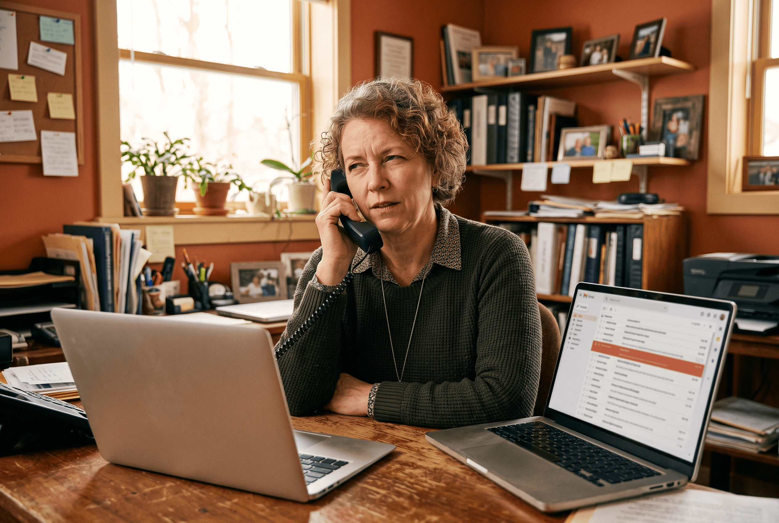 A business owner on a phone call reading a suspicious cold-pitch SEO audit email on a laptop screen
