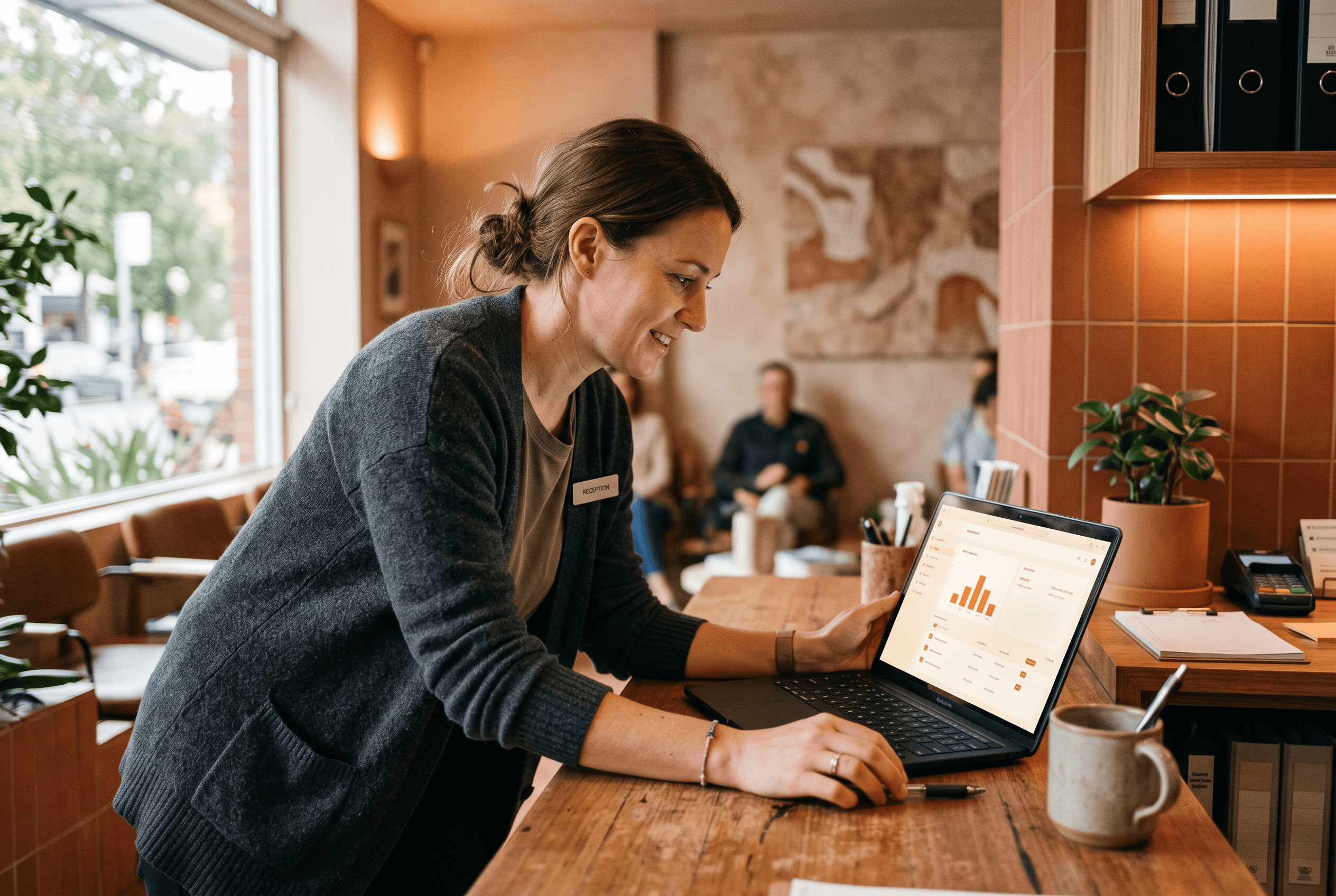 A front-desk staffer at a small business counter glancing at a laptop analytics screen showing a bar chart of website form and button issues