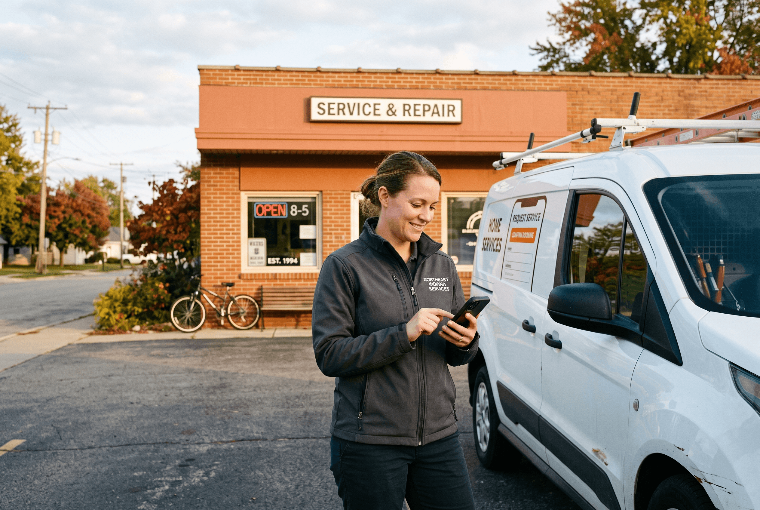 A Fort Wayne HVAC technician outside a service van checking a phone that shows a business website’s request-service booking screen