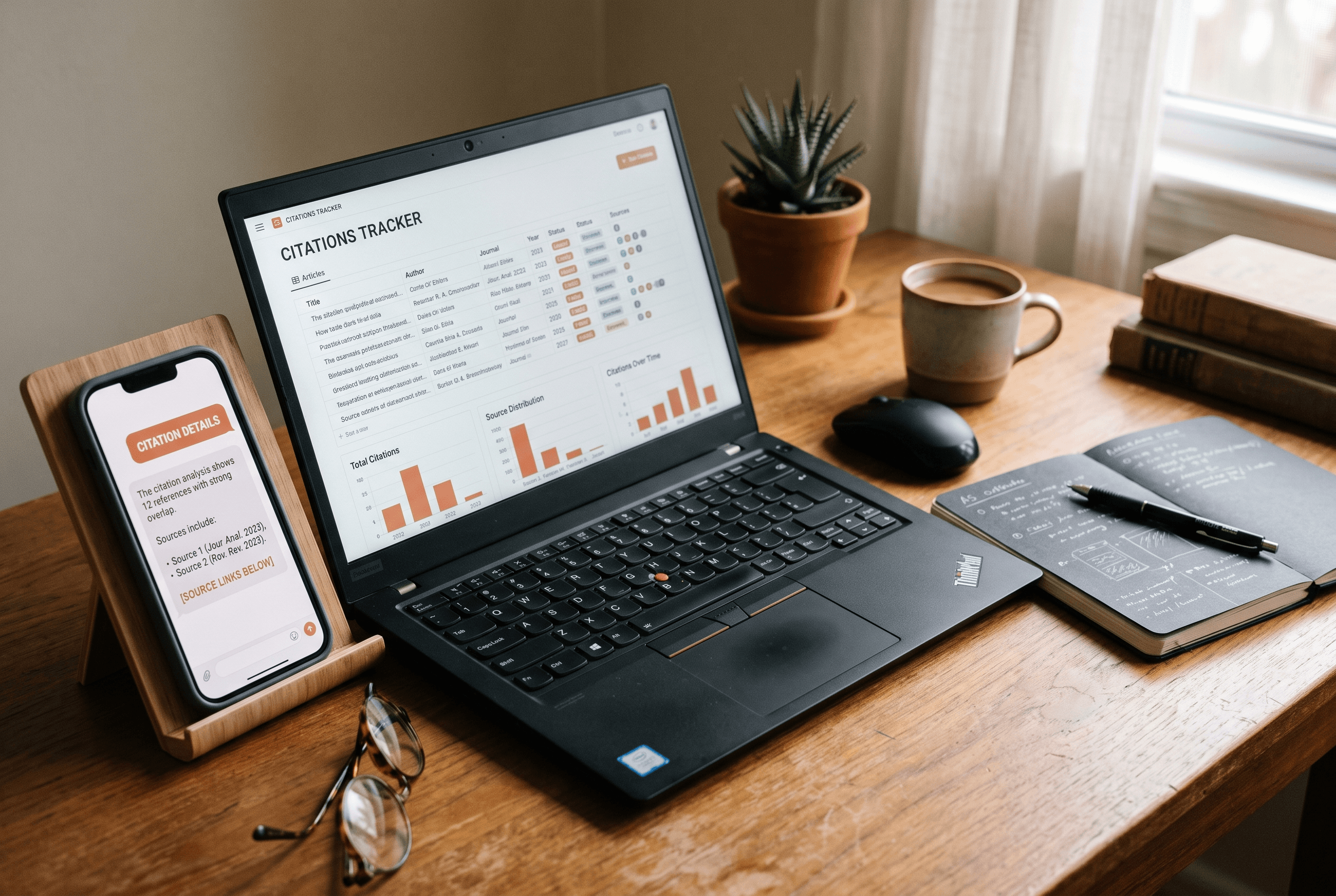 A laptop and a phone sit side by side on a desk comparing a ChatGPT-style answer against a spreadsheet of tracked citation data in warm charts