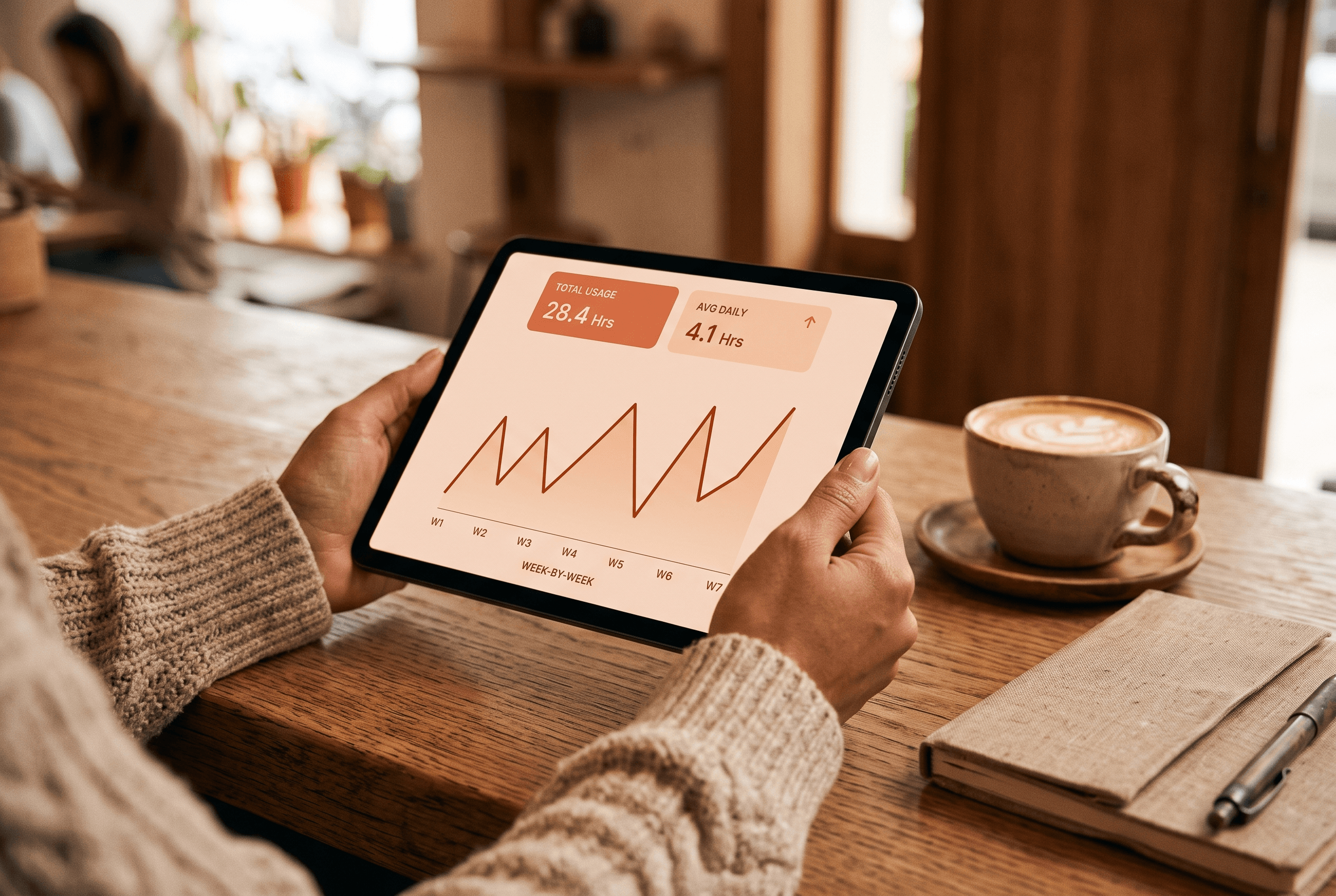 Close-up of hands holding a tablet at a cafe counter showing a jagged week-to-week line chart of AI citation results swinging sharply up and down