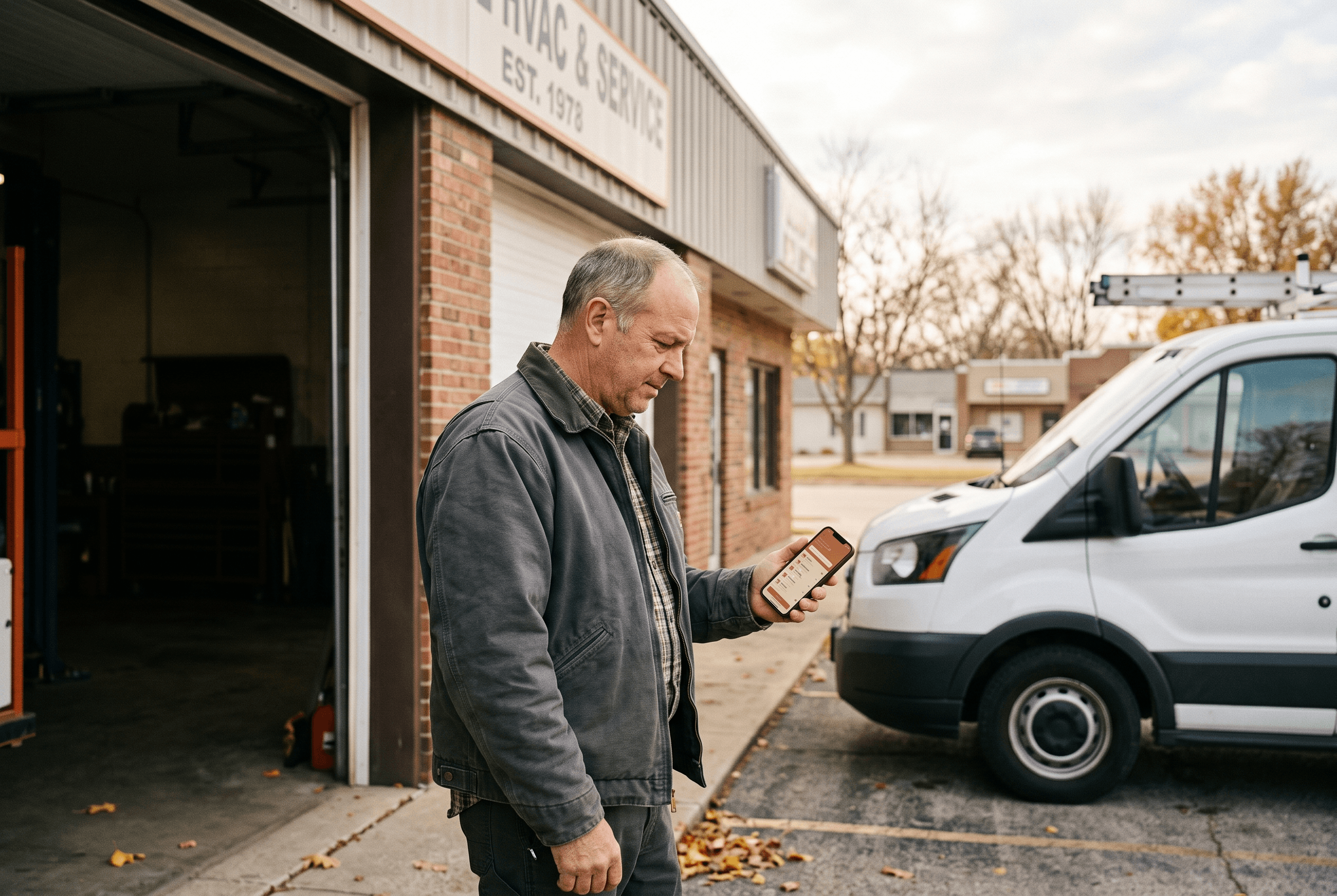 An Auburn HVAC shop owner checks AI search results on a phone beside a service van outside the garage bay on a bright Northeast Indiana morning