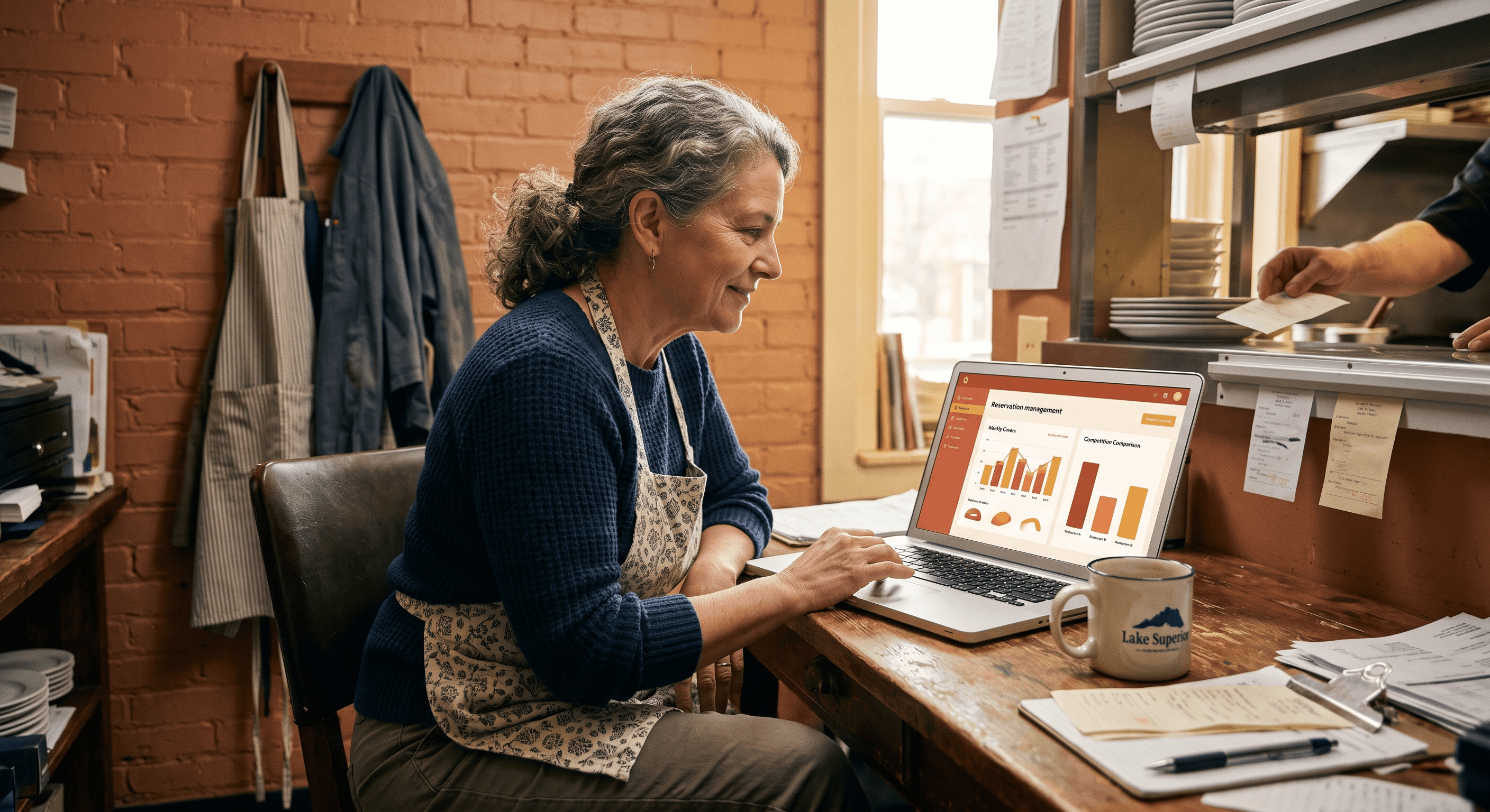 A restaurant owner reviewing a Yelp Guest Manager reservation dashboard and monthly plan pricing on a laptop at a back-of-house desk