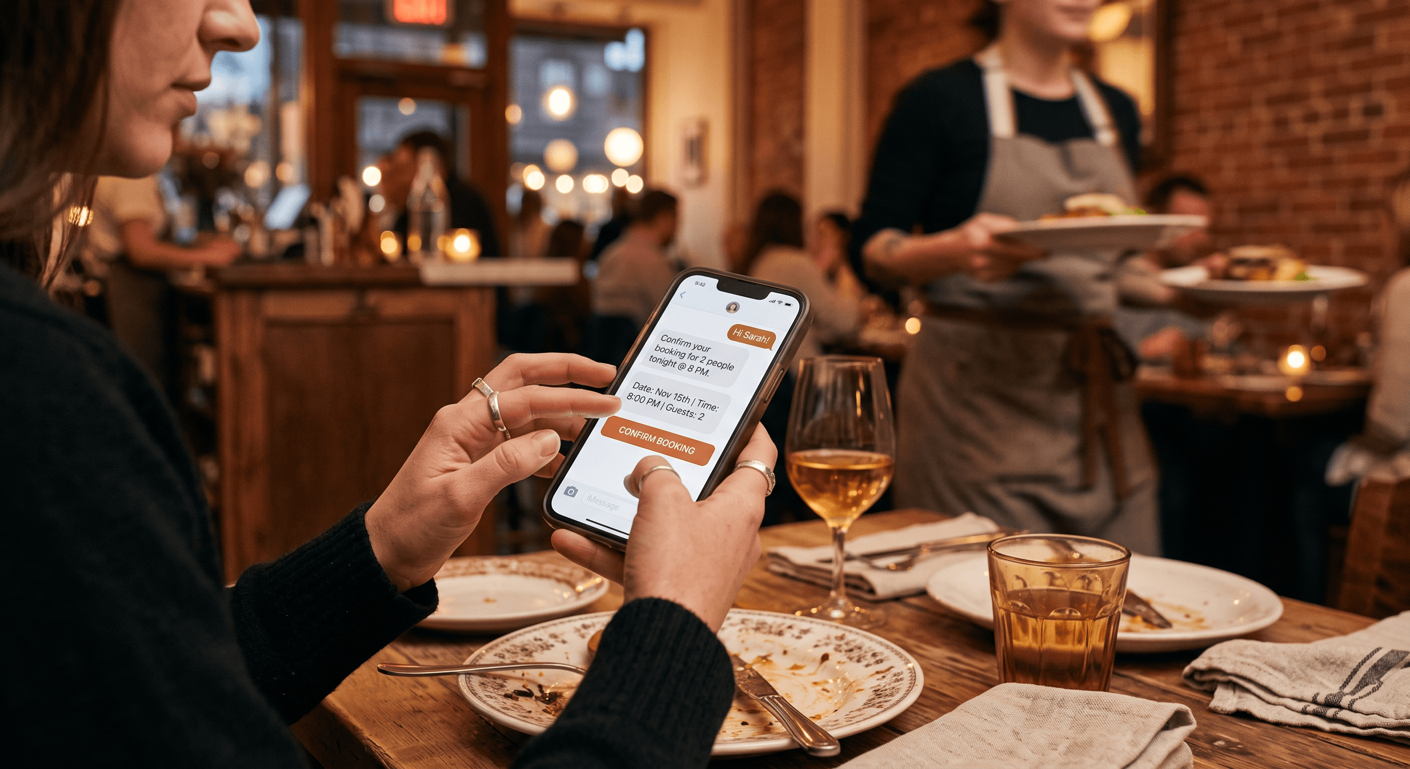 A diner at a restaurant table using a phone to book a table through an AI chat while a server approaches in the warm background