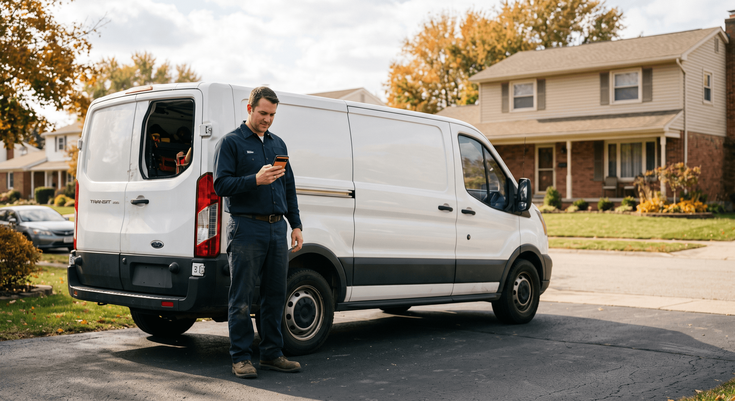 A Fort Wayne home-services technician at a job site checking an incoming customer quote request on a phone near a service van