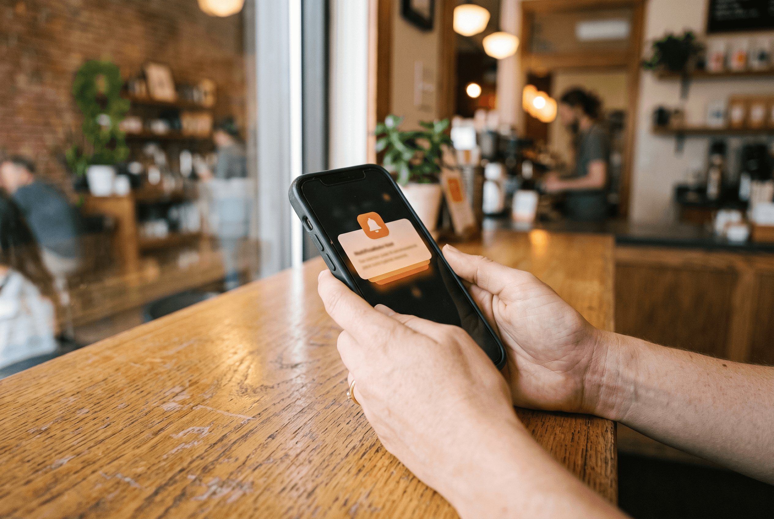 Close-up of a phone showing a business verification notification held over a service counter, illustrating a Local Services Ads request