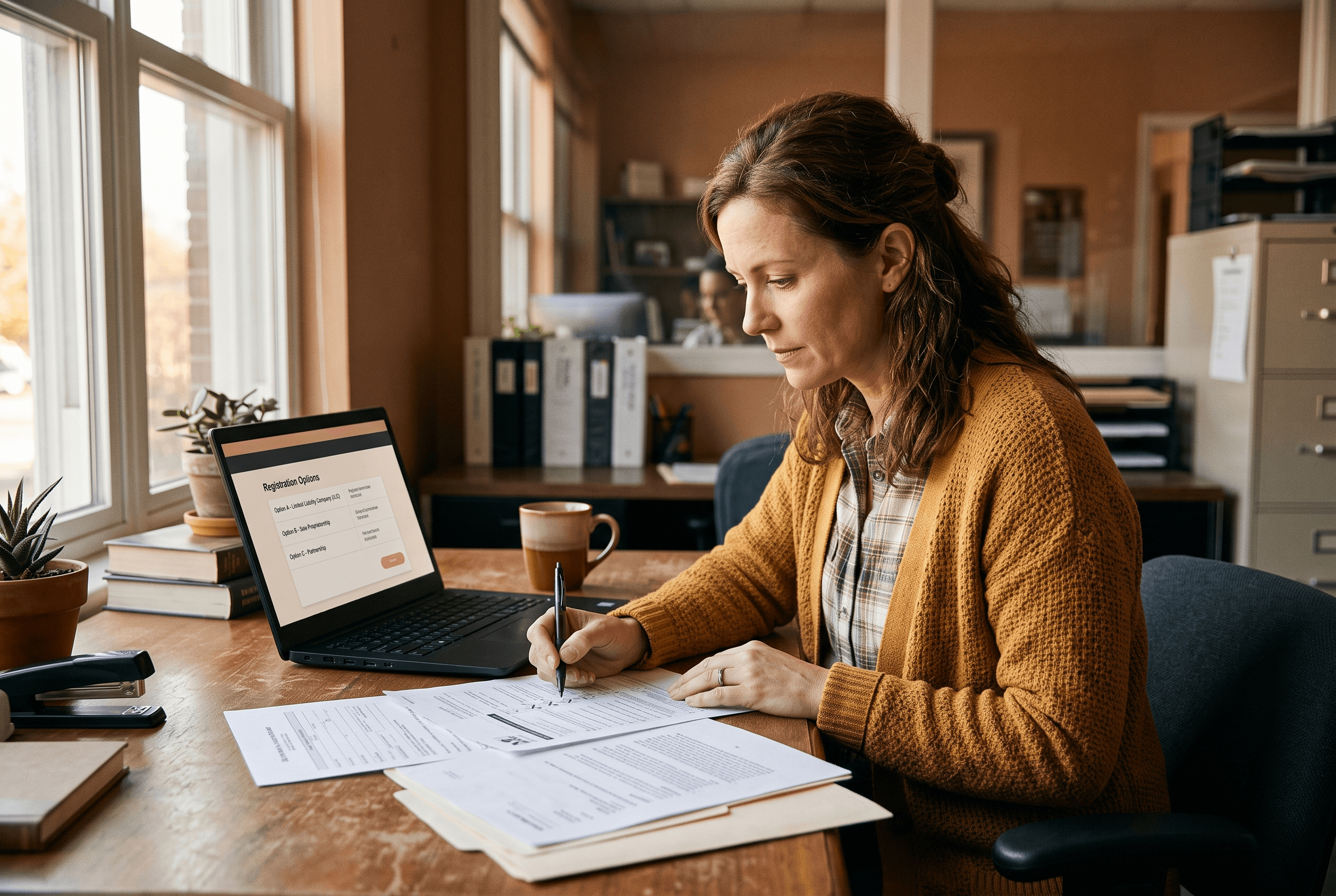 A business owner at a desk comparing printed registration documents beside a laptop while checking Local Services Ads verification options