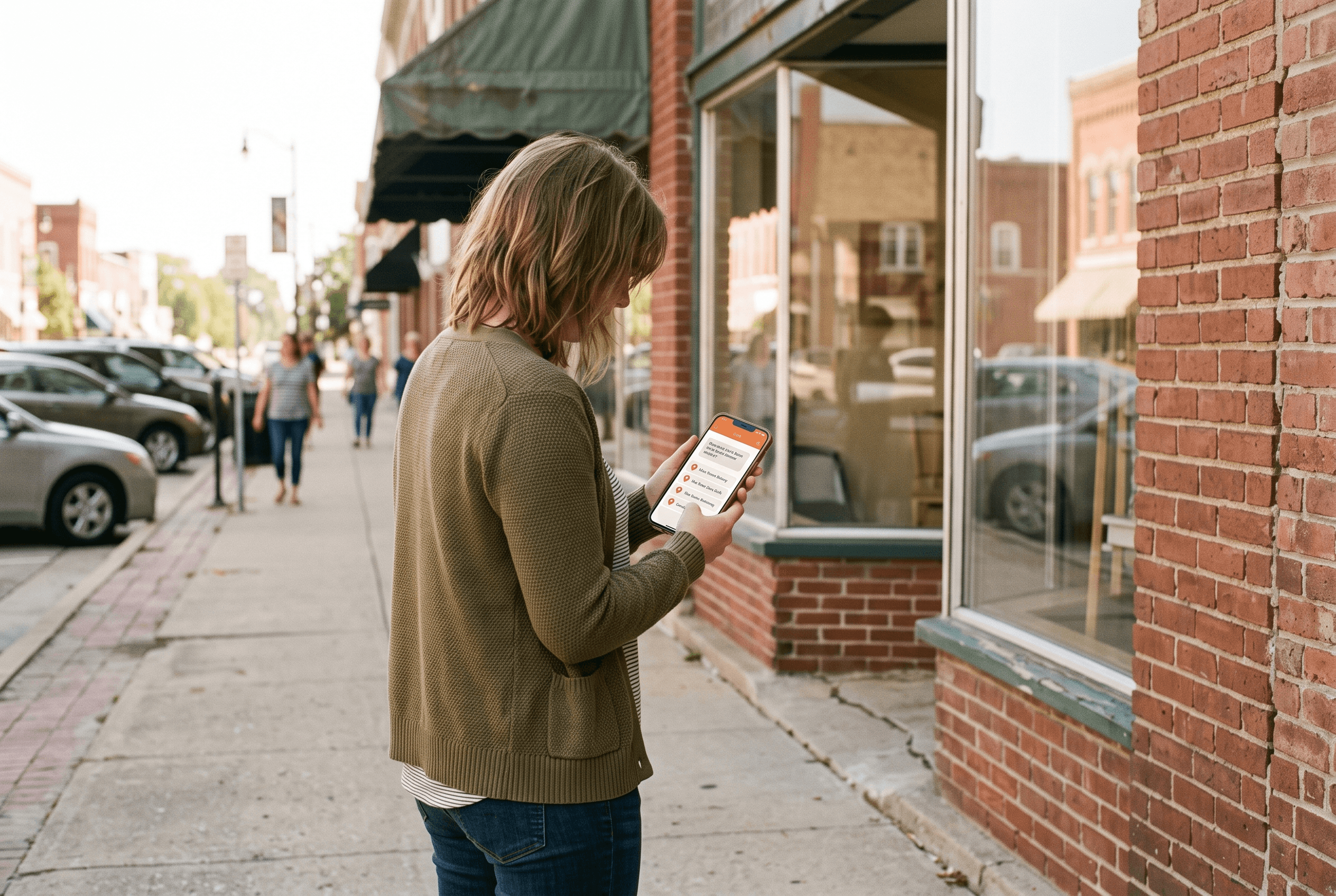 A customer types a spoken-style request into a phone AI assistant while standing outside a Fort Wayne storefront looking for a local business