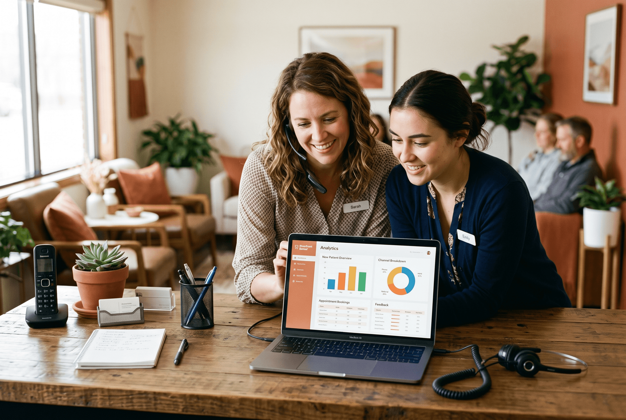 Front-desk staff at a Fort Wayne dental office review a laptop analytics screen showing call-tracking and AI-referral traffic side by side