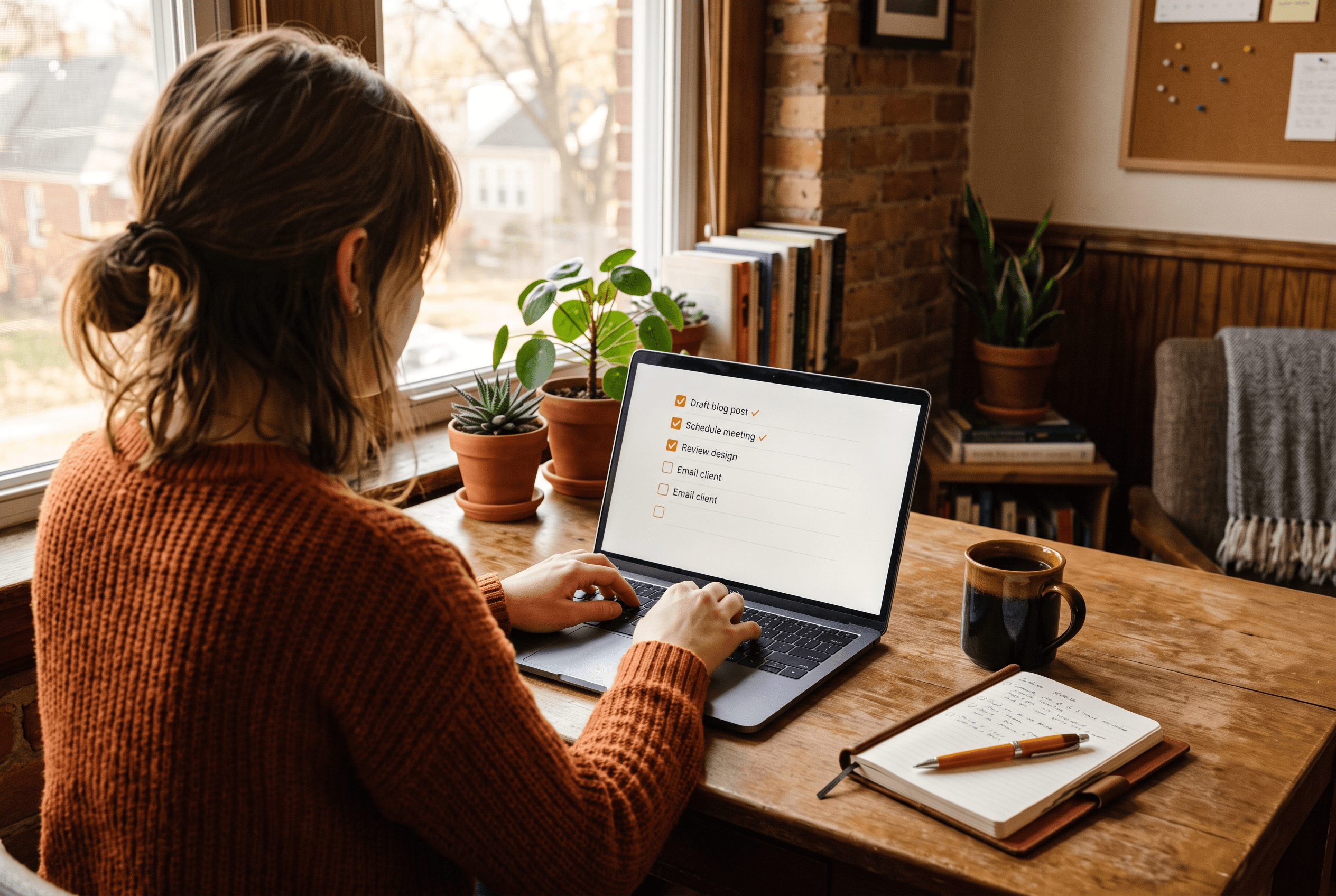 A small-business marketer builds a prompt-testing list on a laptop, checking how AI assistants describe a Fort Wayne company each week