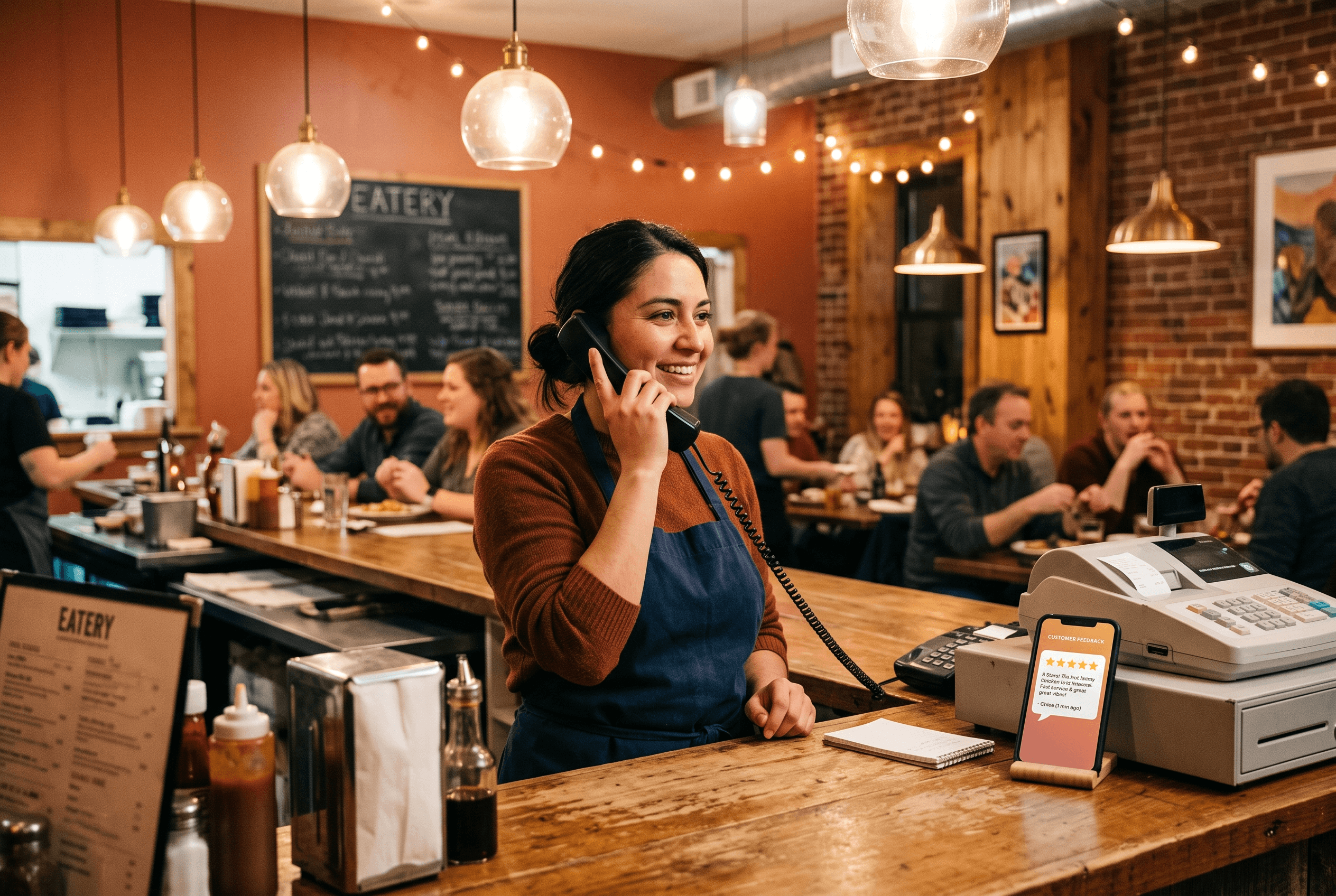 A Fort Wayne restaurant counter worker takes an after-hours call while a phone on the counter shows a five-star review and a chat reply