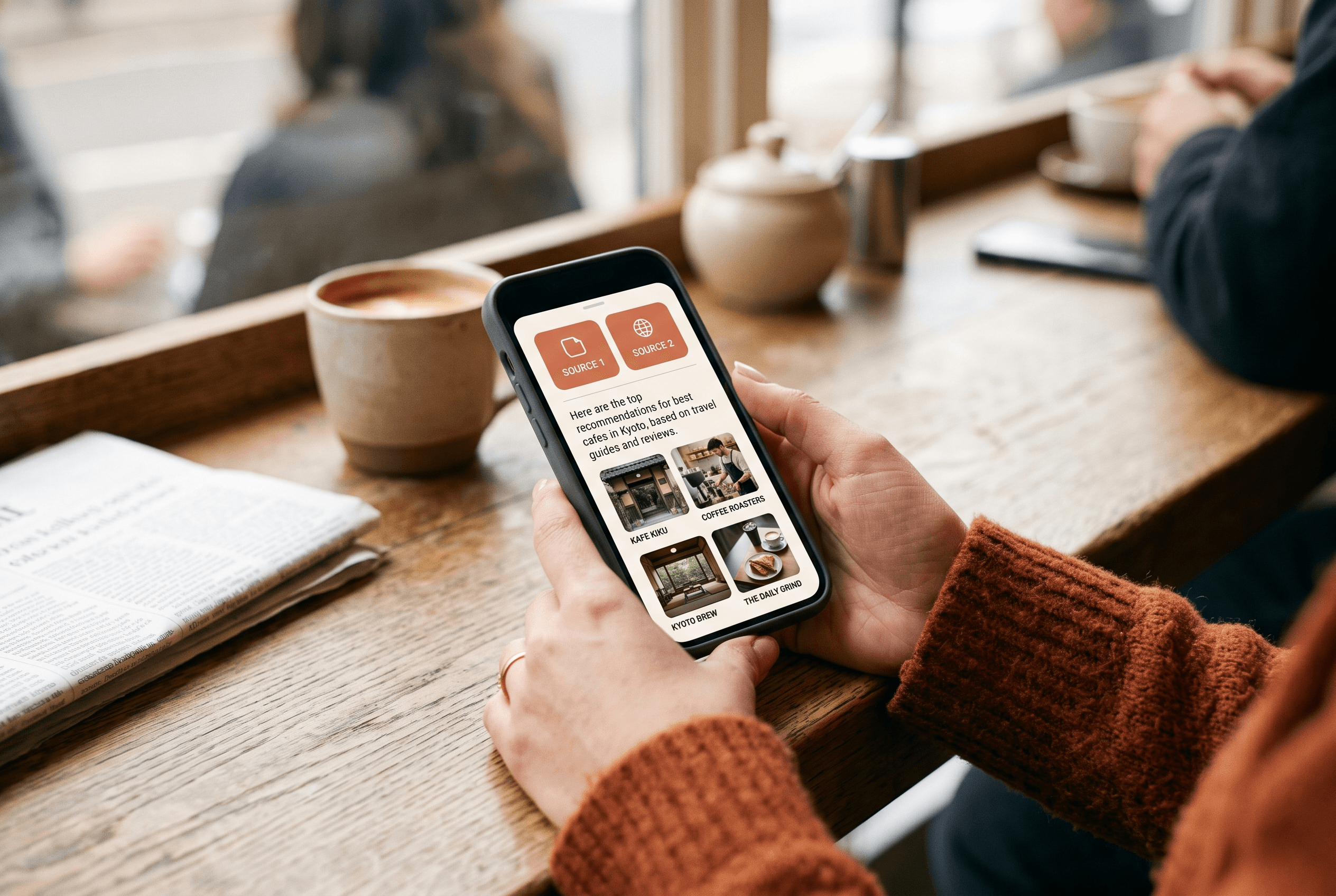 Close-up of hands holding a phone that shows an AI search answer with clickable source links placed high in the response, on a warm-toned café counter