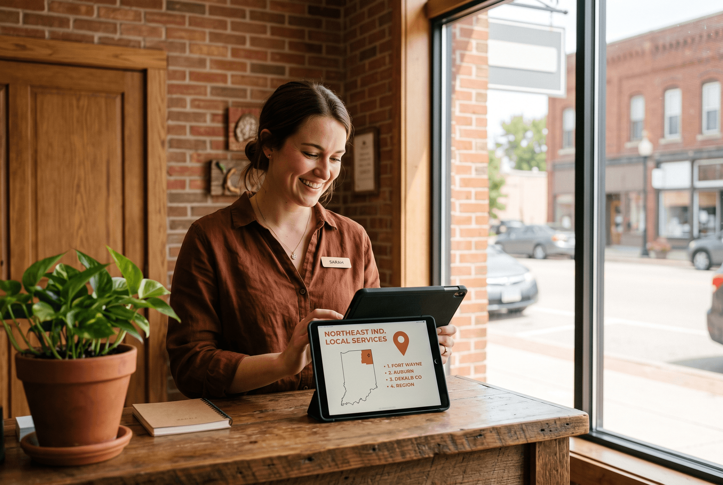 A front-desk staffer at a small Northeast Indiana service business updates a local service-area page on a tablet near the shop’s storefront window