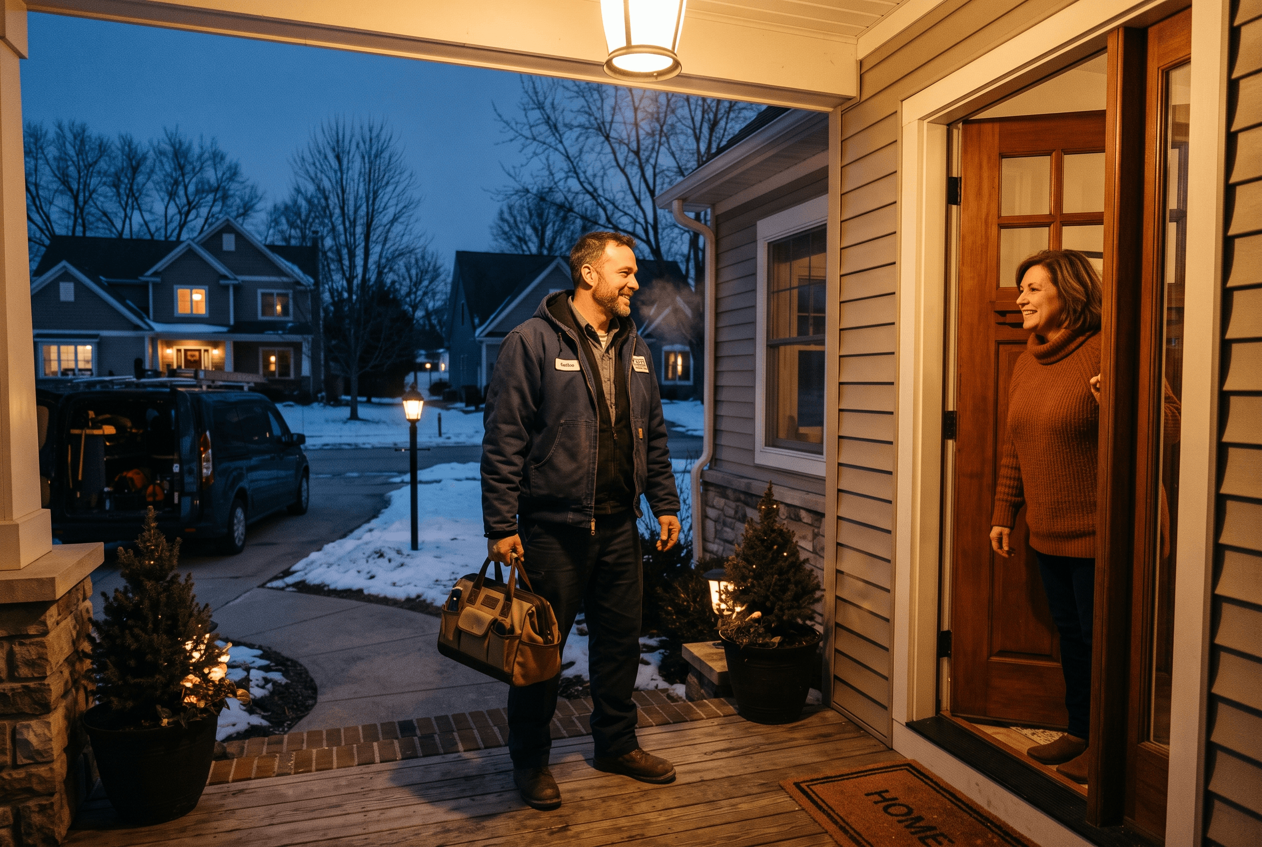 An Auburn home-services technician greets a homeowner at the door at dusk with a service van in the driveway on a local furnace-repair call