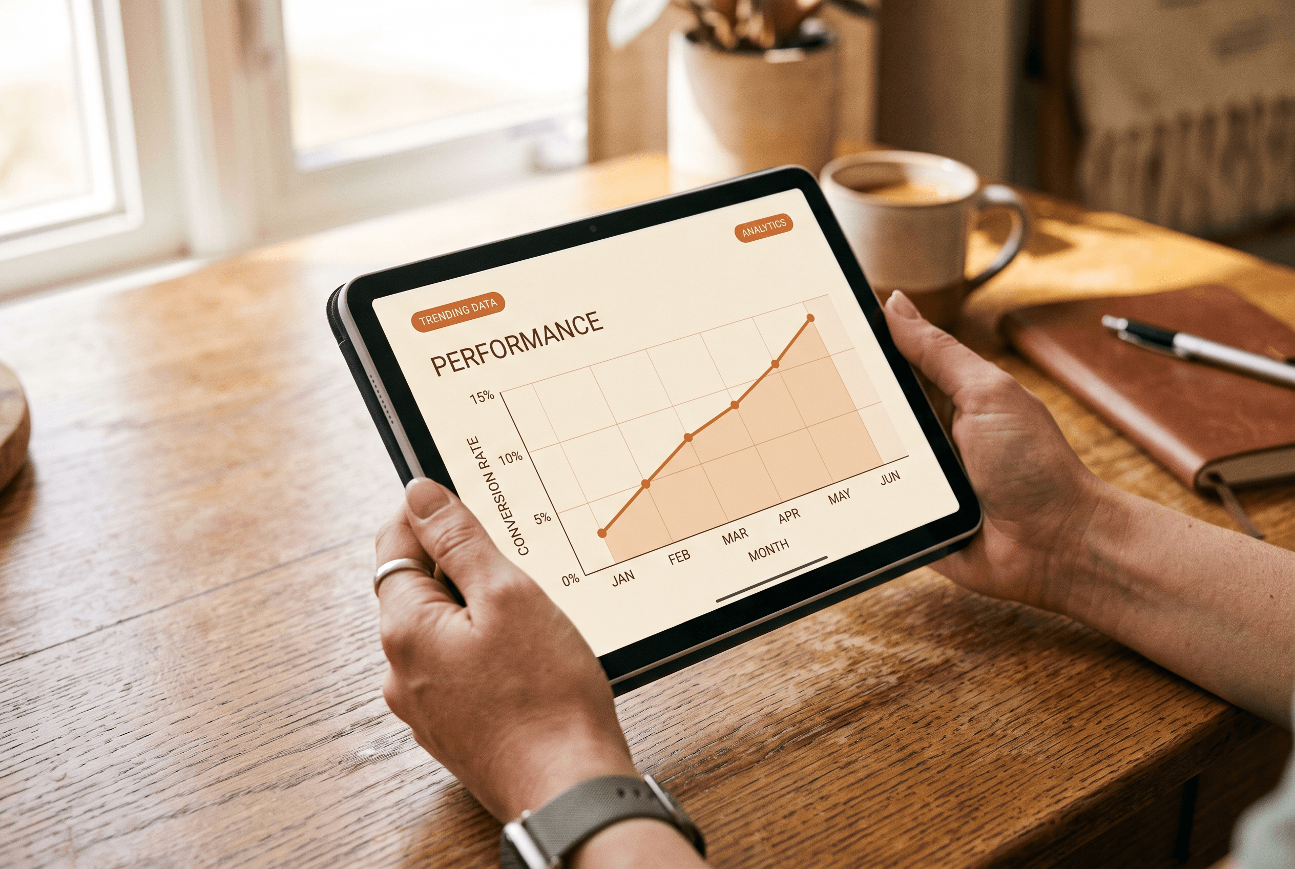 Close-up of hands at a tablet showing a single consolidated Google Ads campaign with rising conversion data in warm accent colors