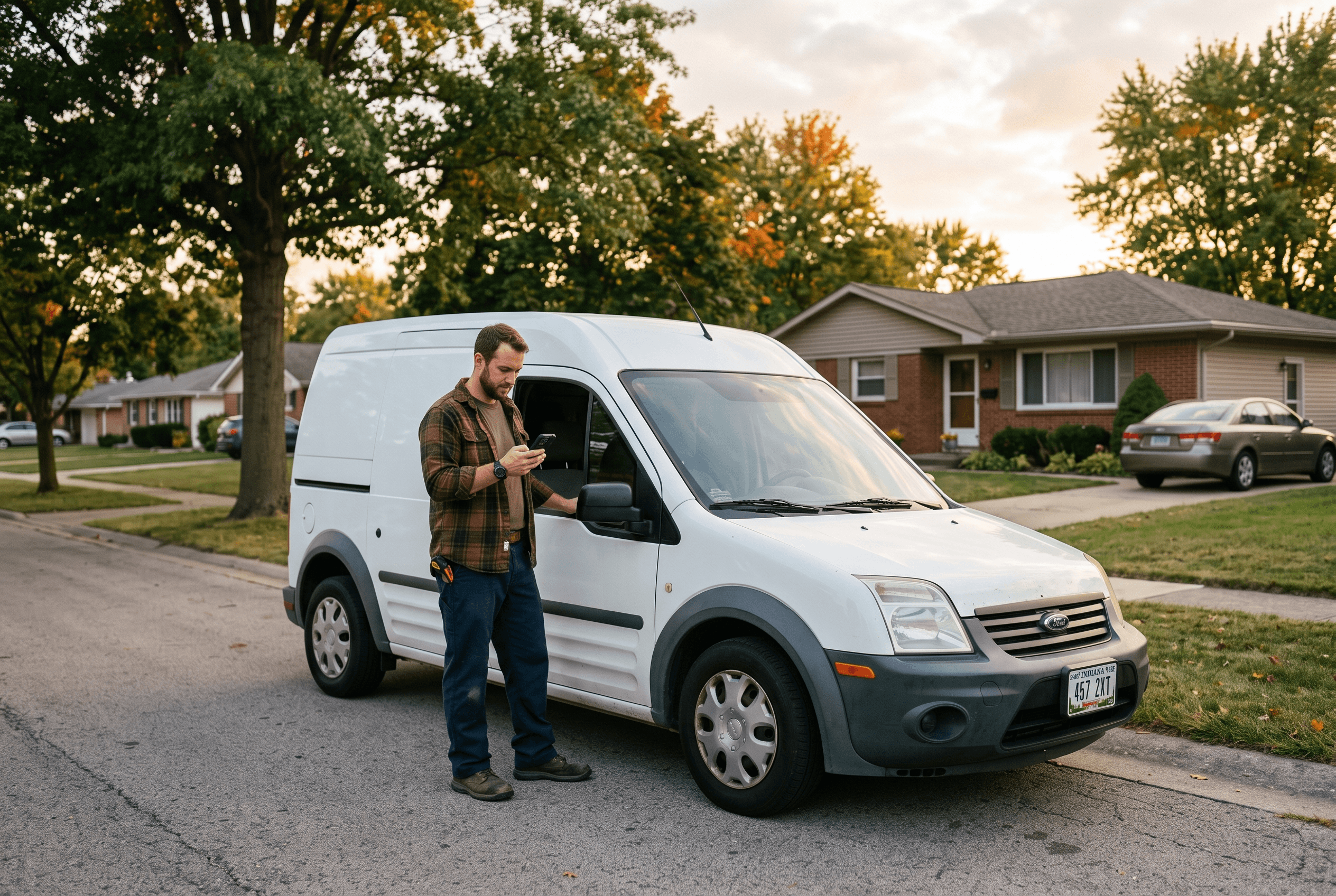 A Fort Wayne HVAC service technician checks a phone outside a work van in a residential neighborhood on a warm afternoon