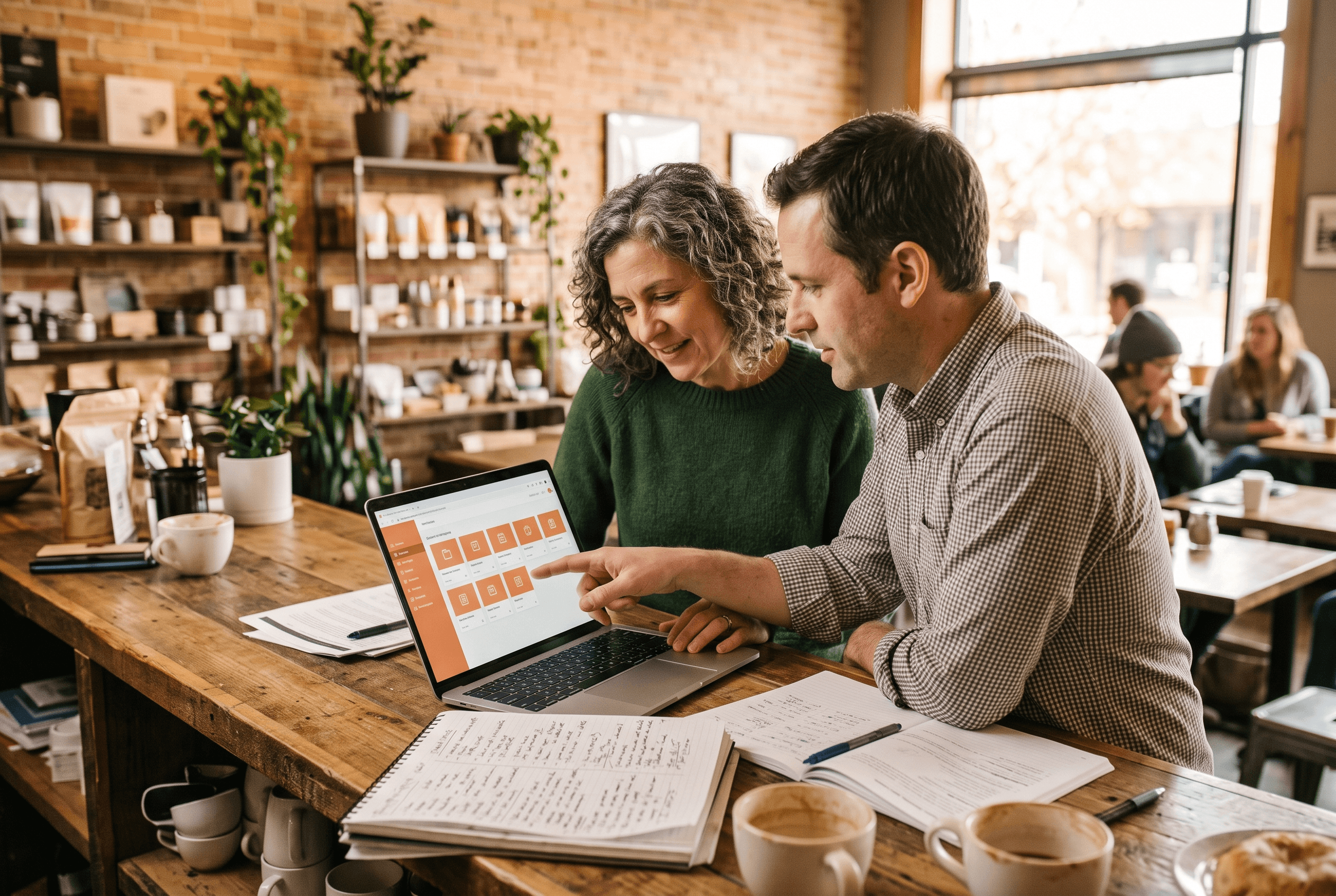 Two small-business owners compare a before-and-after Google Ads campaign structure on a laptop at a restaurant counter