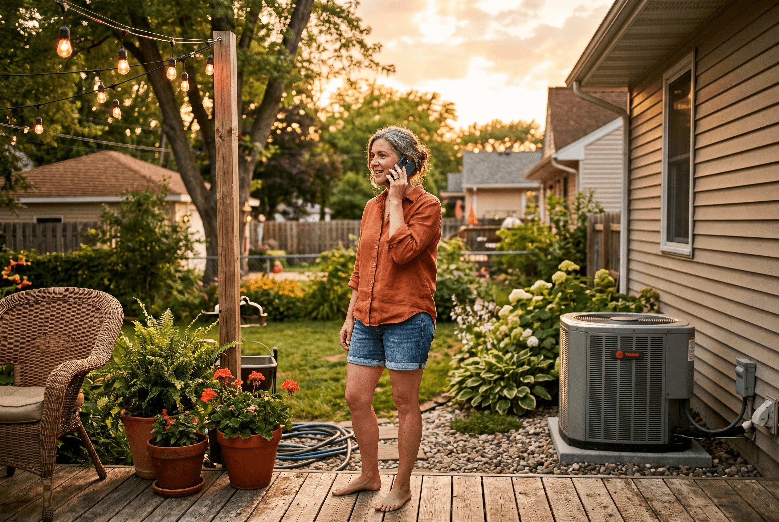 A homeowner on a hot summer evening asks a phone assistant to find AC repair while an outdoor unit sits behind the house