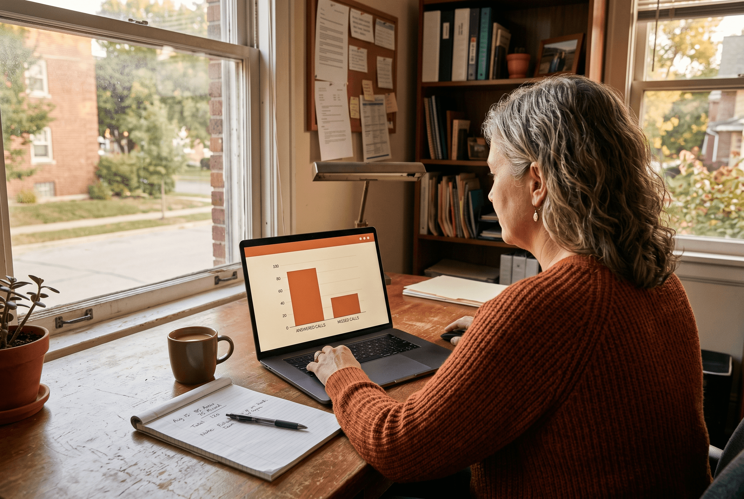 A small business owner reviews a simple call-answered-versus-missed chart on a laptop at a modest office desk