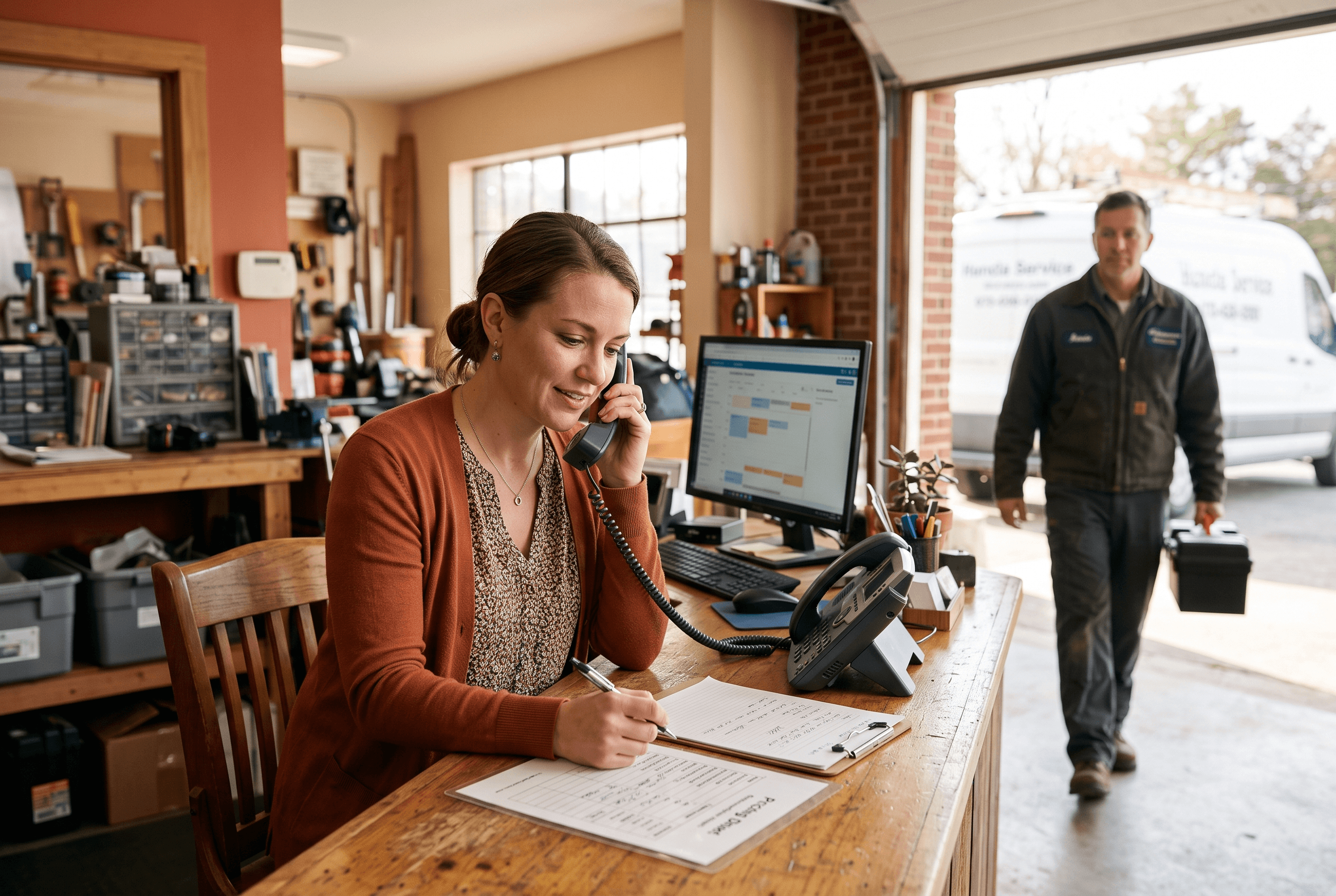 A front-desk staffer at a Fort Wayne service shop takes a call and quotes a price while a technician heads out on a job