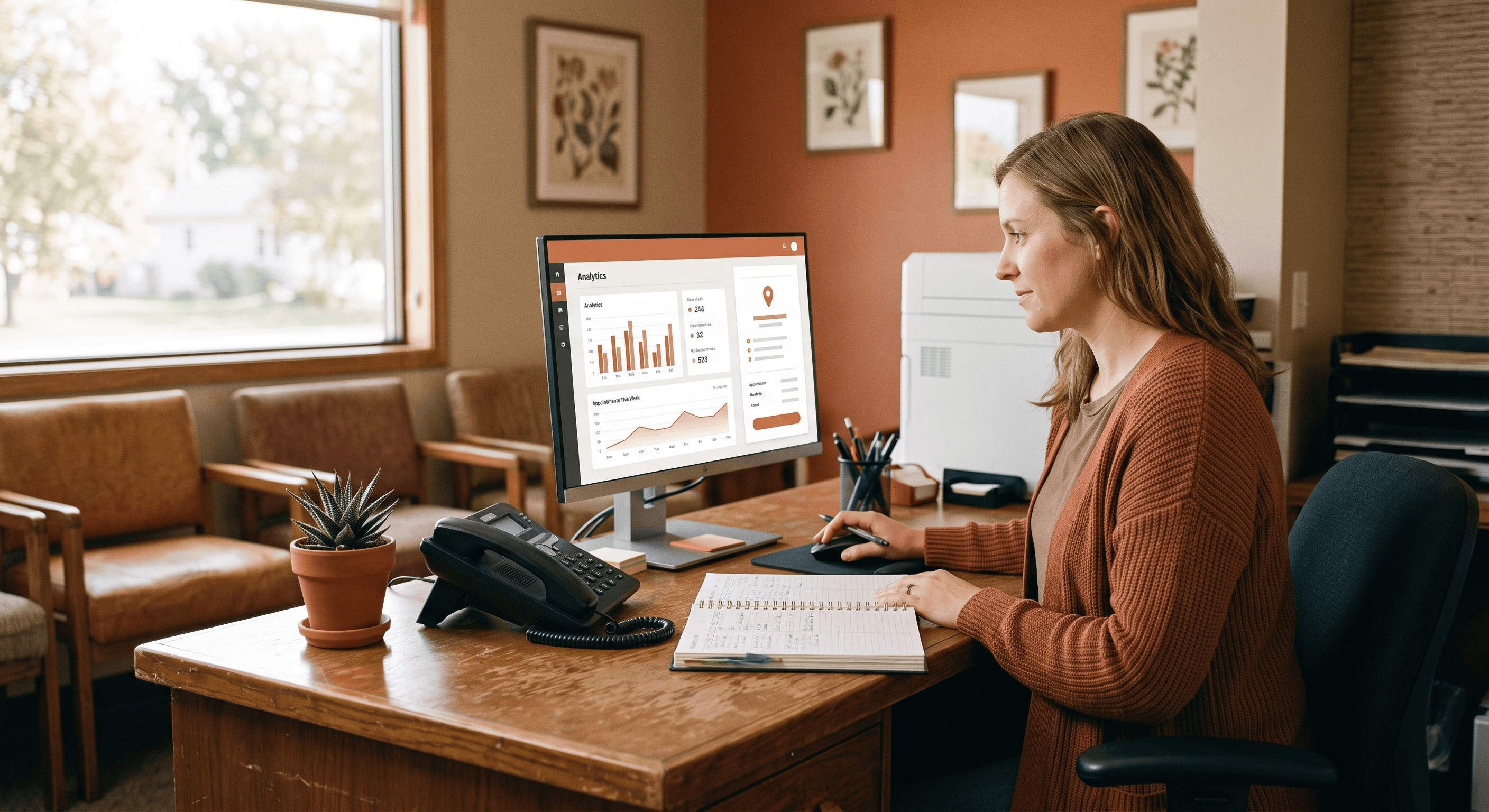 A dental office front-desk staffer checking the business Google listing and search analytics on a monitor to diagnose a call drop