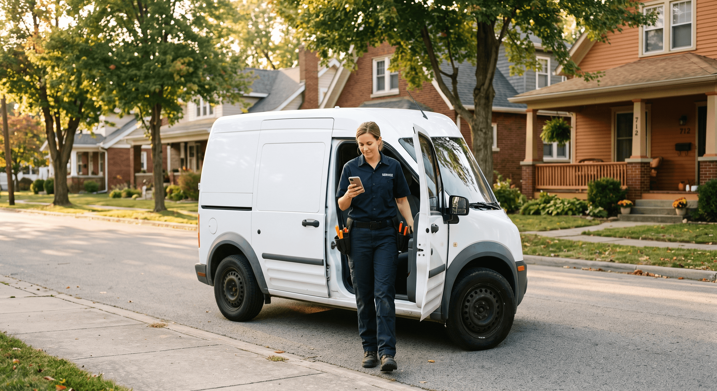 A service technician stepping out of a work van on a Northeast Indiana neighborhood street, checking a booked-job notification on a phone