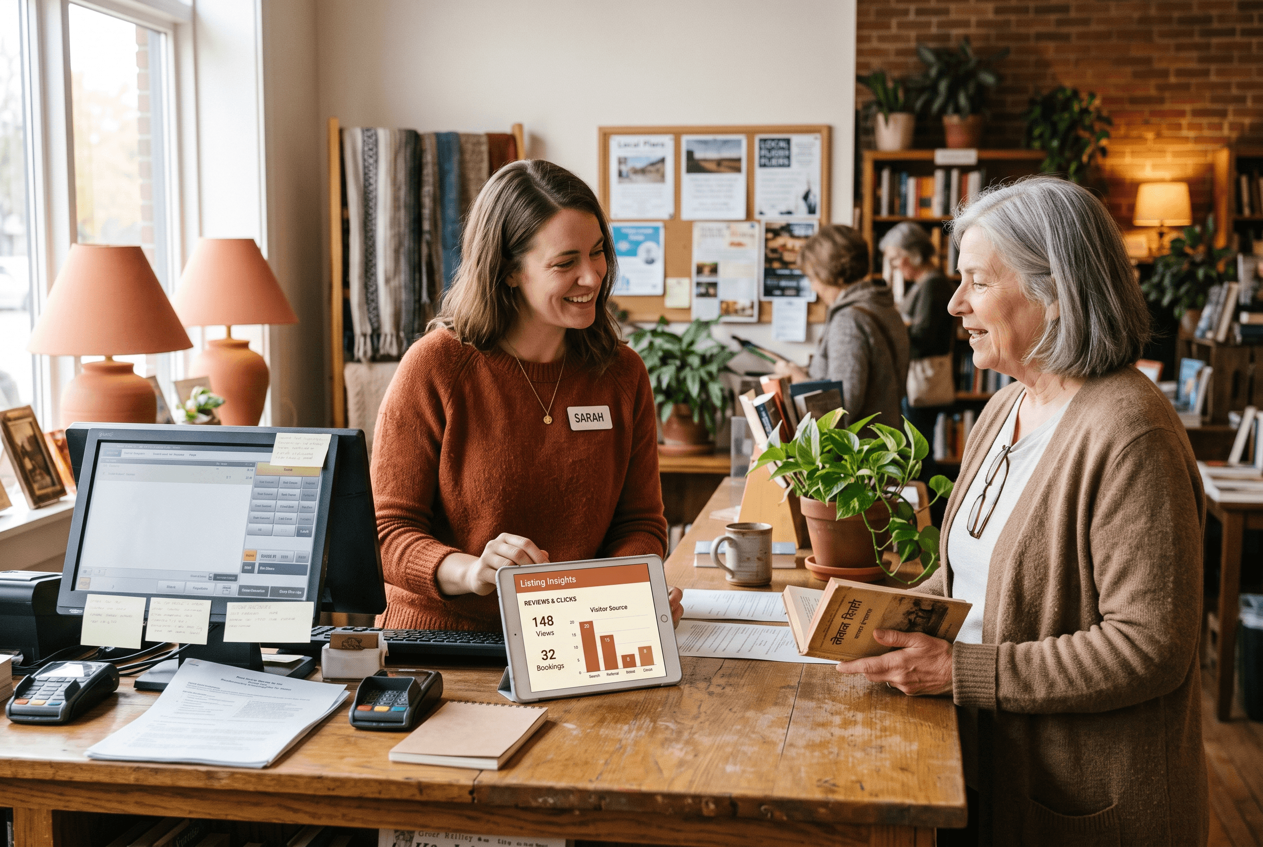Front-desk staff at a Fort Wayne dental or service office glancing at a tablet showing listing insights while helping a customer at the counter