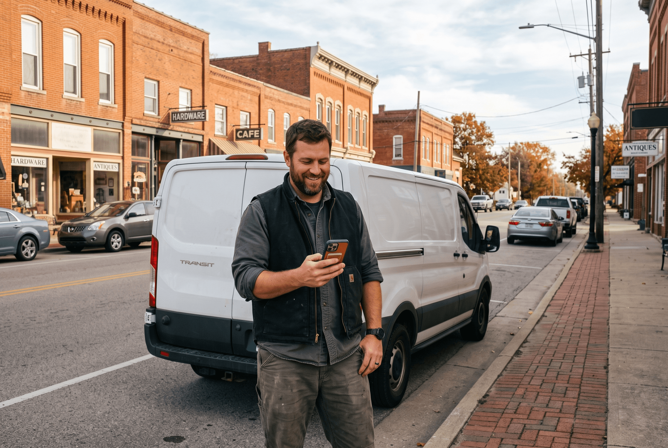 A service technician outside a Northeast Indiana storefront checking a phone to post a seasonal offer to a business listing on a bright day