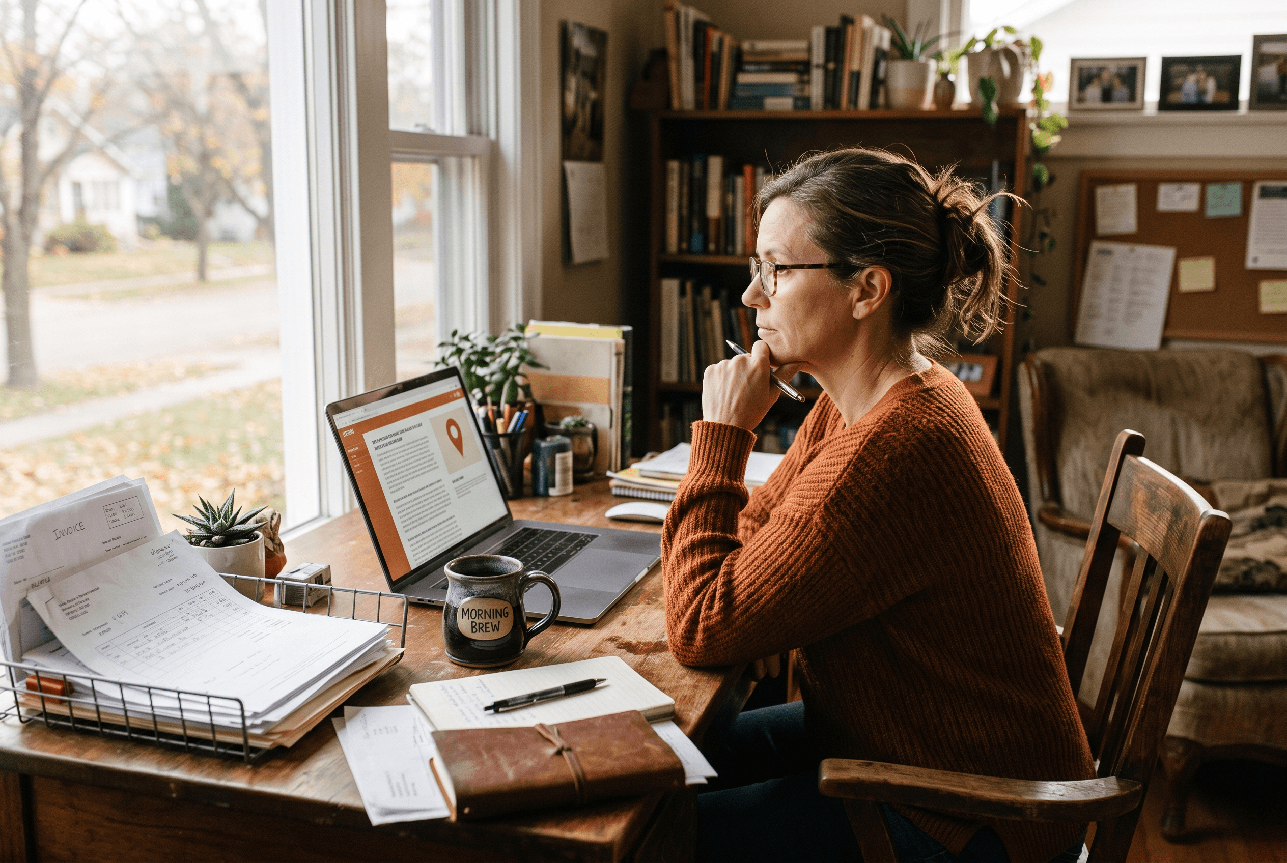 Small business owner at a wooden desk reading conflicting Google Business Profile verification headlines on a laptop in a warm home office