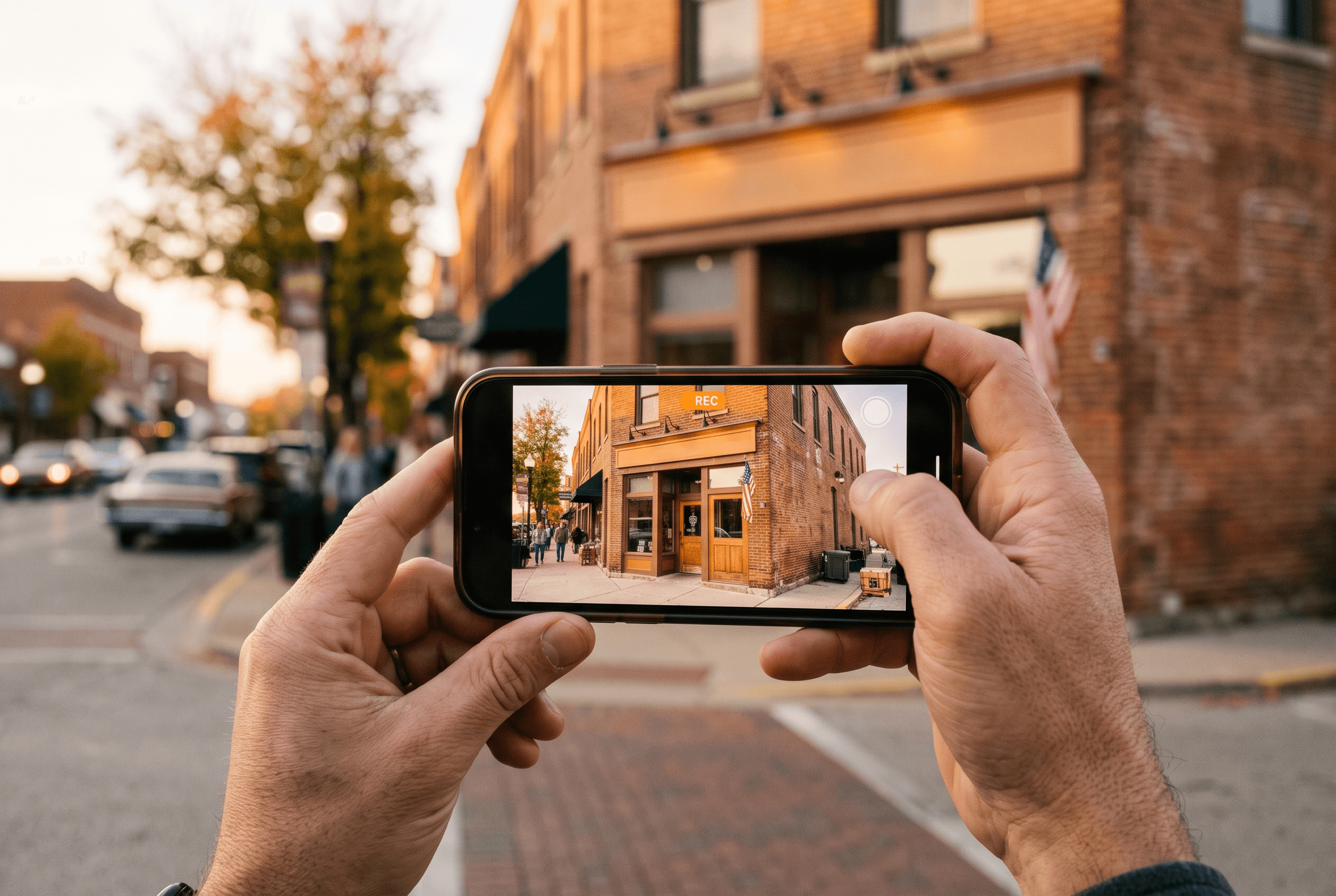 Hands holding a smartphone filming a brick storefront and permanent business signage for Google Business Profile video verification requirements