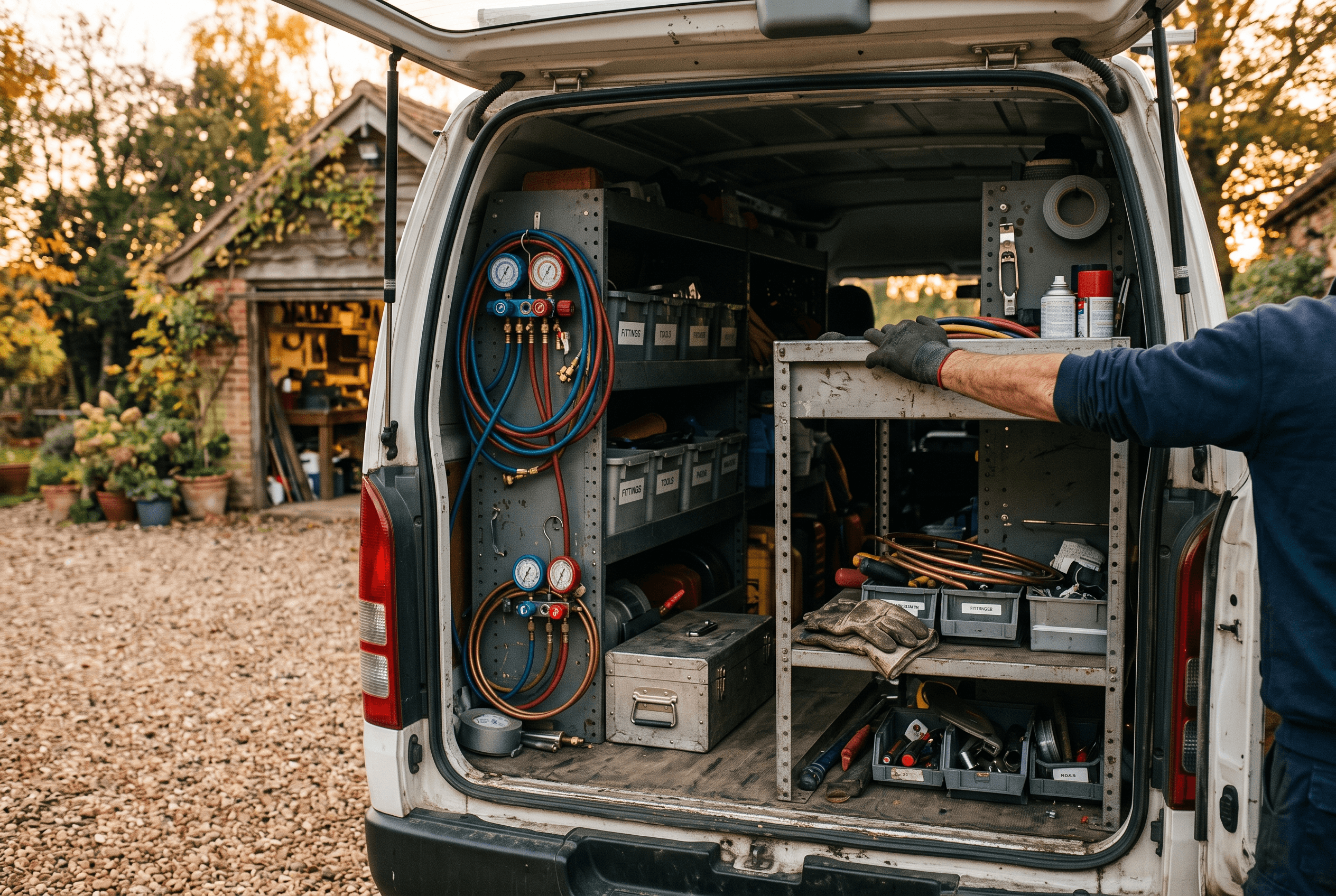 HVAC technician’s van interior with organized gauges, tools, and equipment shelves used to verify a service-area business without a storefront