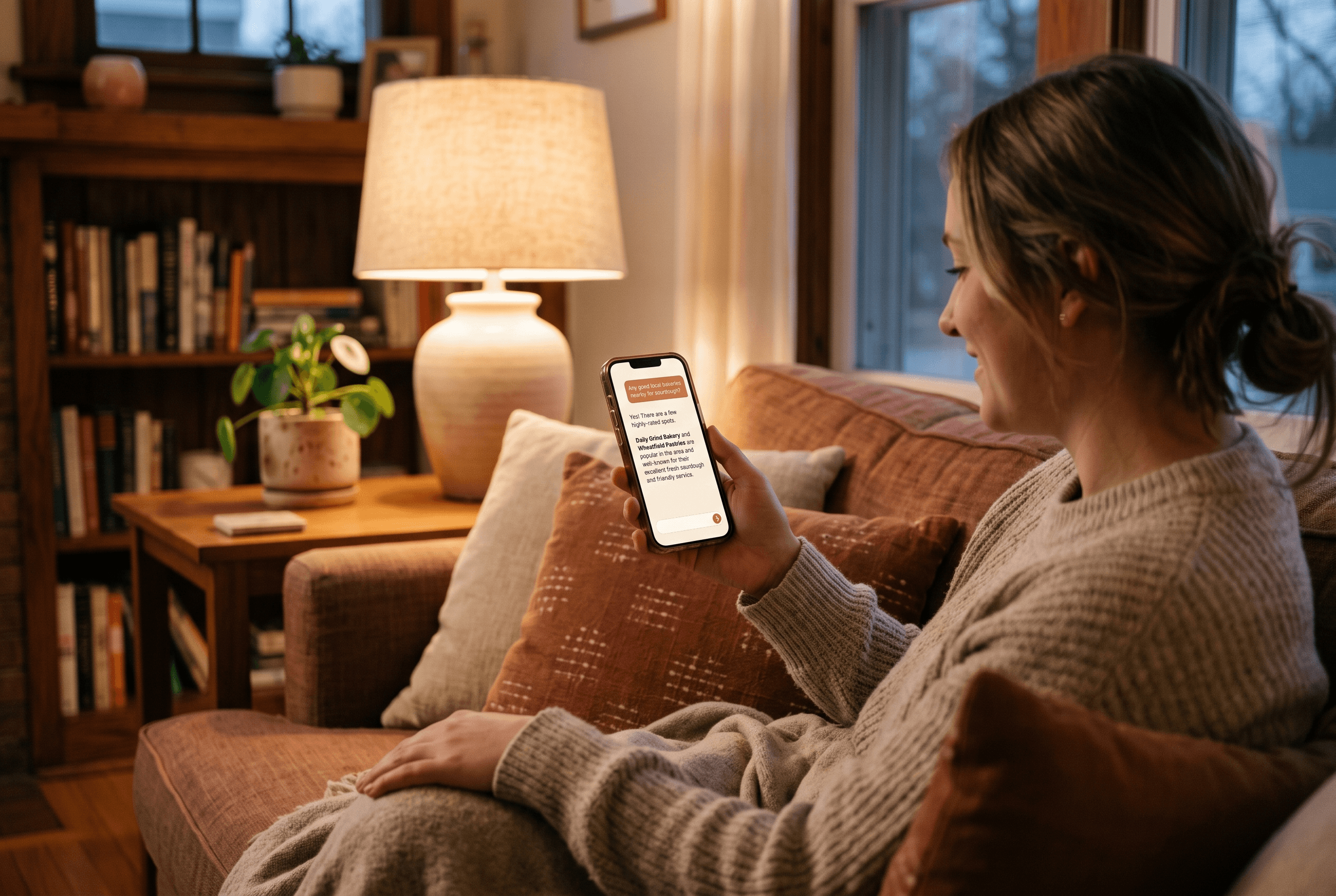 A customer on a couch asking an AI assistant on a phone for a local service recommendation, the screen showing a short conversational answer