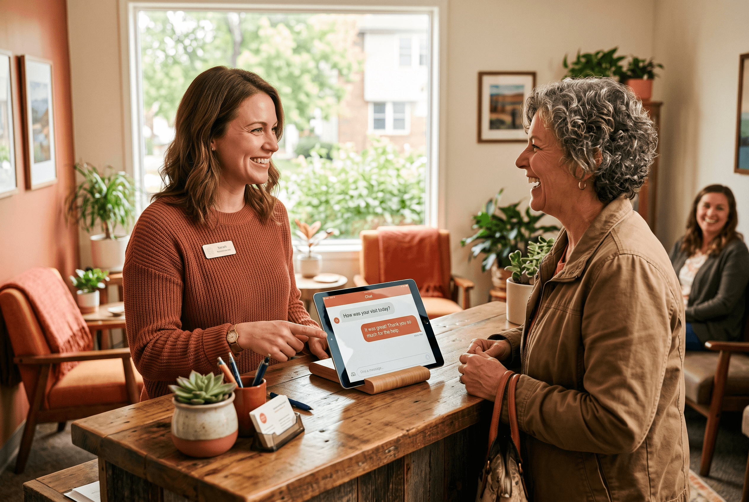 Front-desk staff at a Fort Wayne dental or service office answering a customer question at the counter with a tablet showing a chat panel