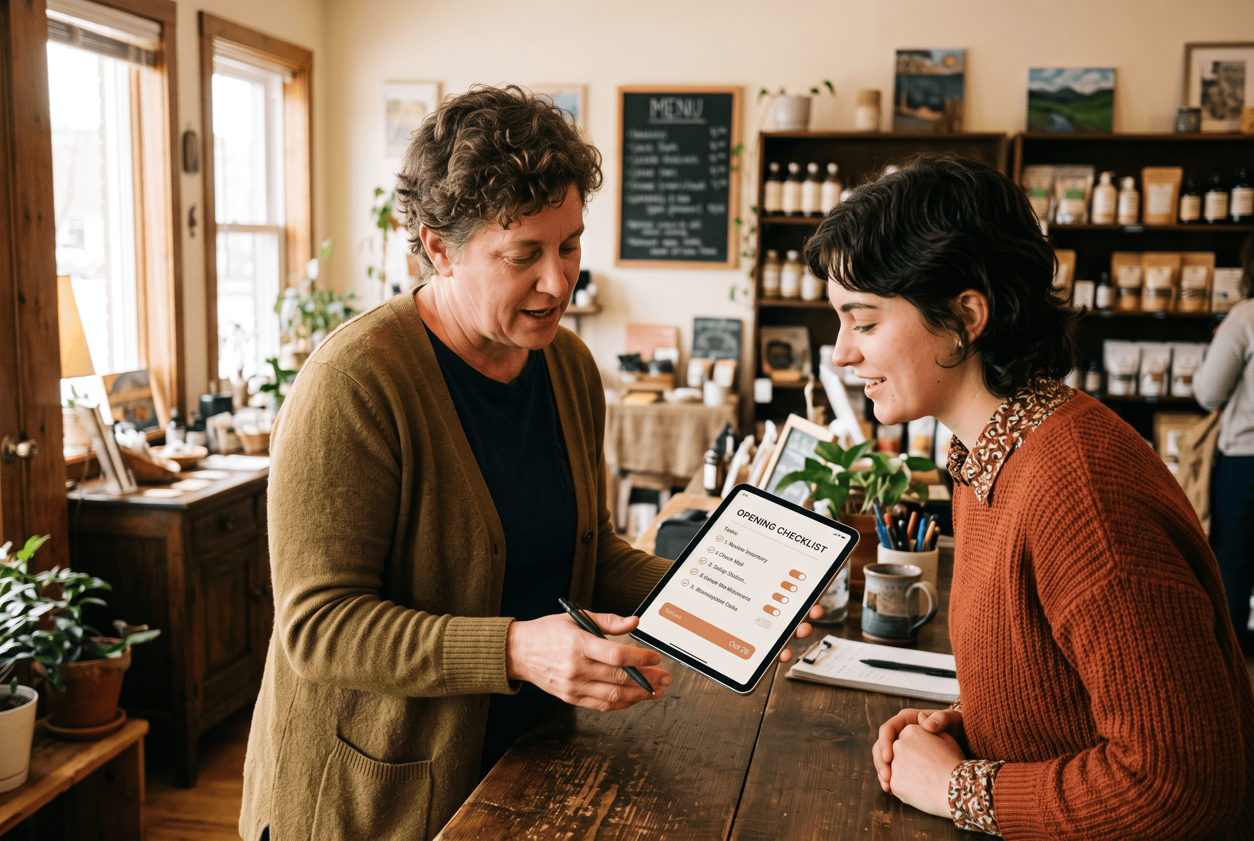 A Fort Wayne business owner and a staff member reviewing a content checklist together at a front counter, people standing behind real authorship