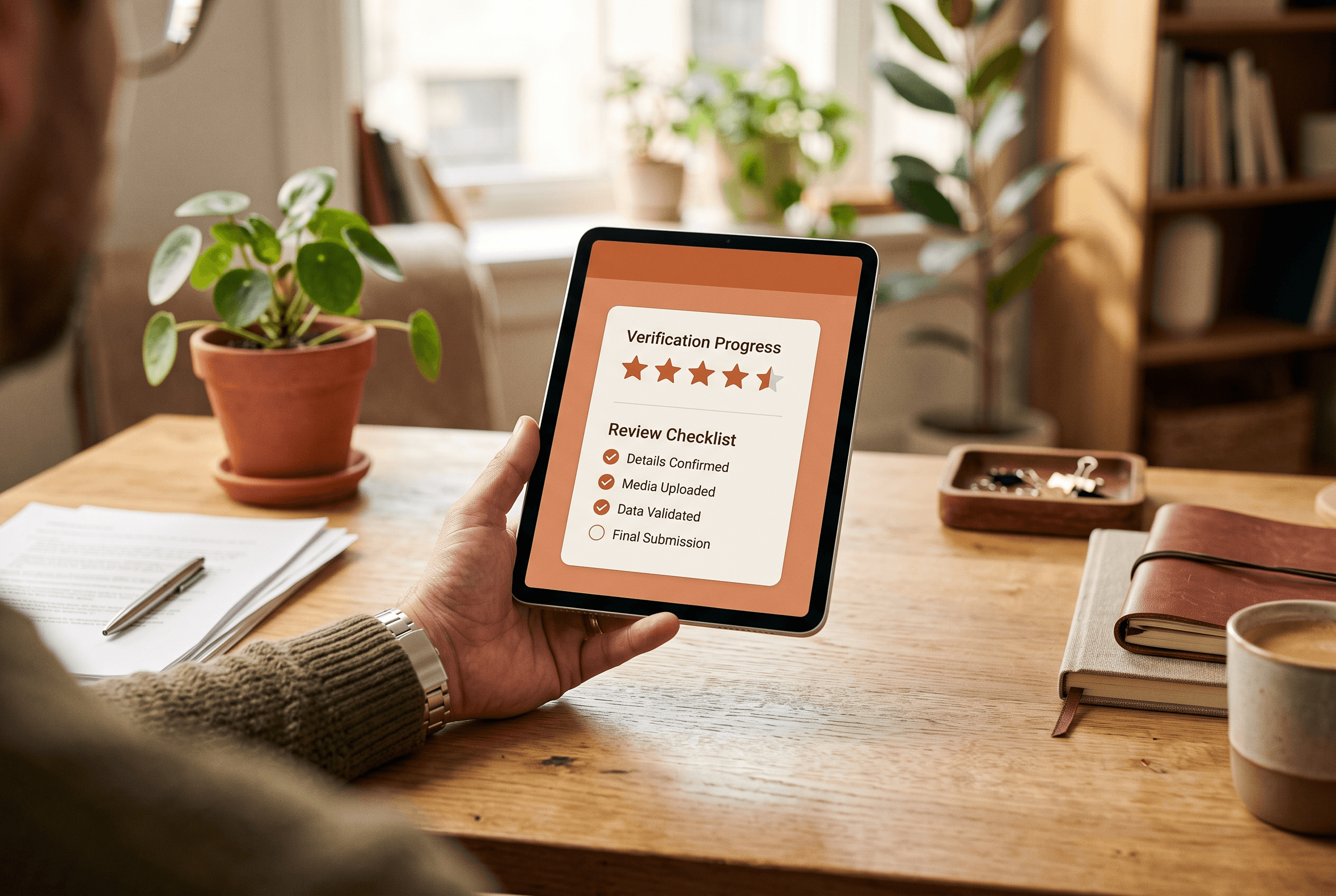 A tablet held over a Fort Wayne office desk showing star ratings and a trust checklist in warm UI, illustrating authentic content and reputation signals