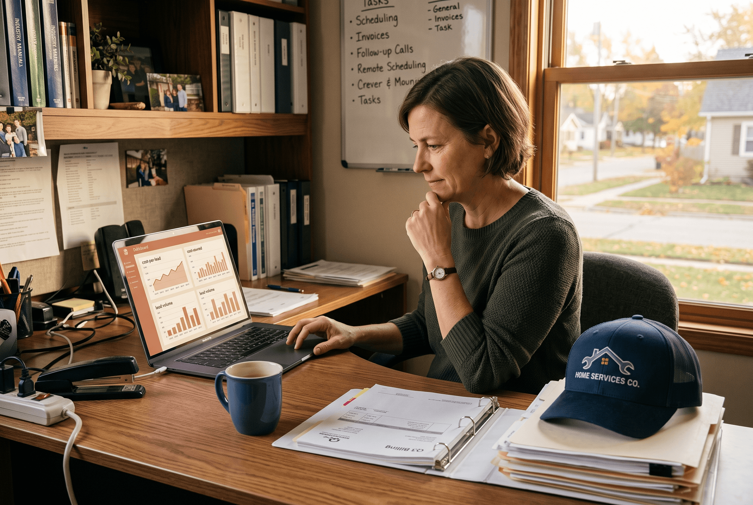 A Fort Wayne plumbing shop owner at a small office desk reviewing a cost-per-lead dashboard on a laptop with warm-toned charts