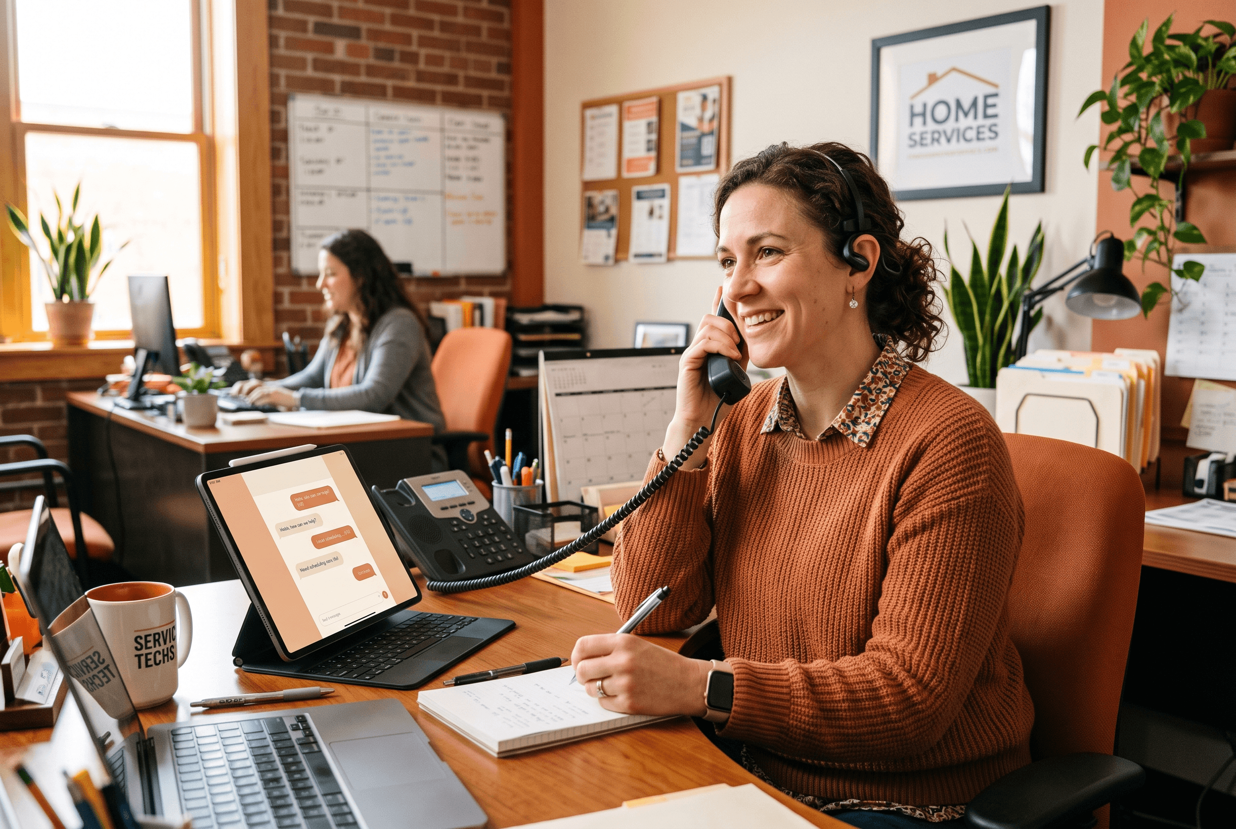 Front-desk staff at a Fort Wayne home-services company answering a phone quickly while a tablet nearby shows an AI answering assistant handling overflow calls