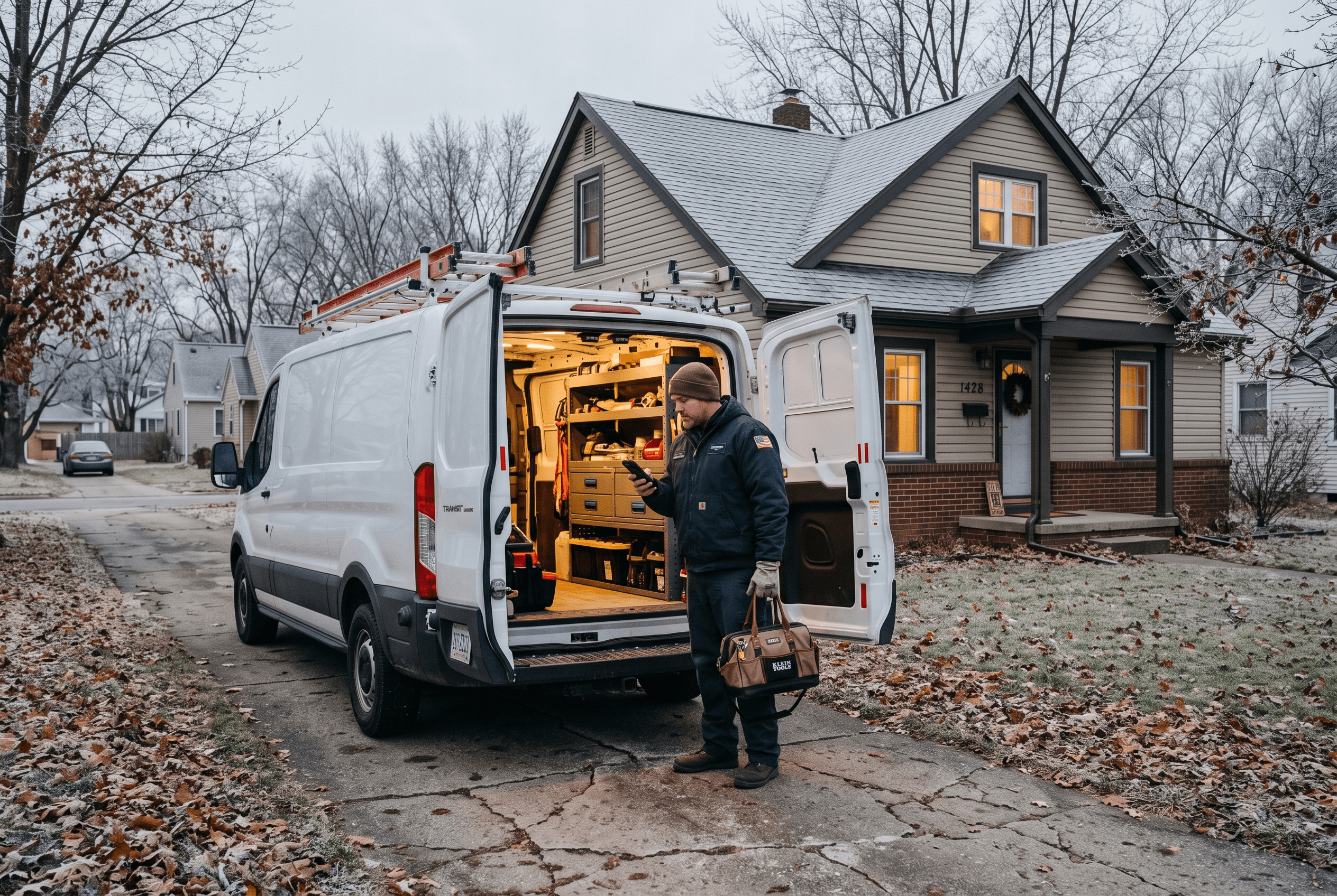 A service van parked outside a Northeast Indiana home in winter as a technician checks a phone, illustrating peak-season missed calls for Fort Wayne trades