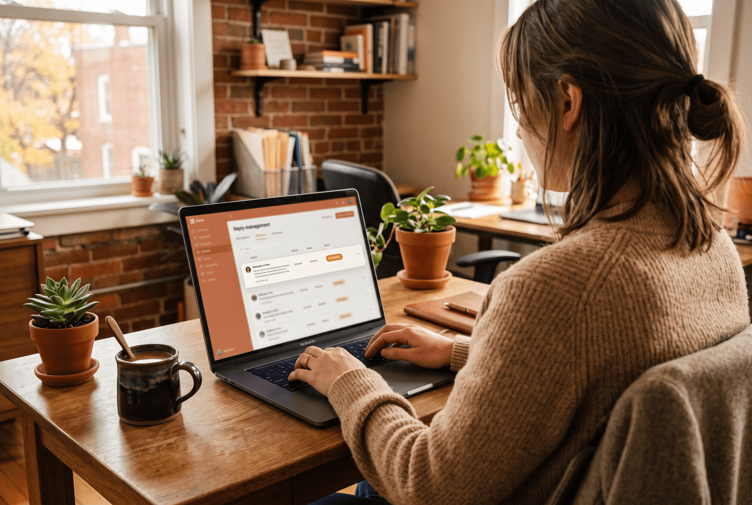 Close view of a laptop showing a Google review reply marked as pending in warm-toned dashboard interface on an office desk