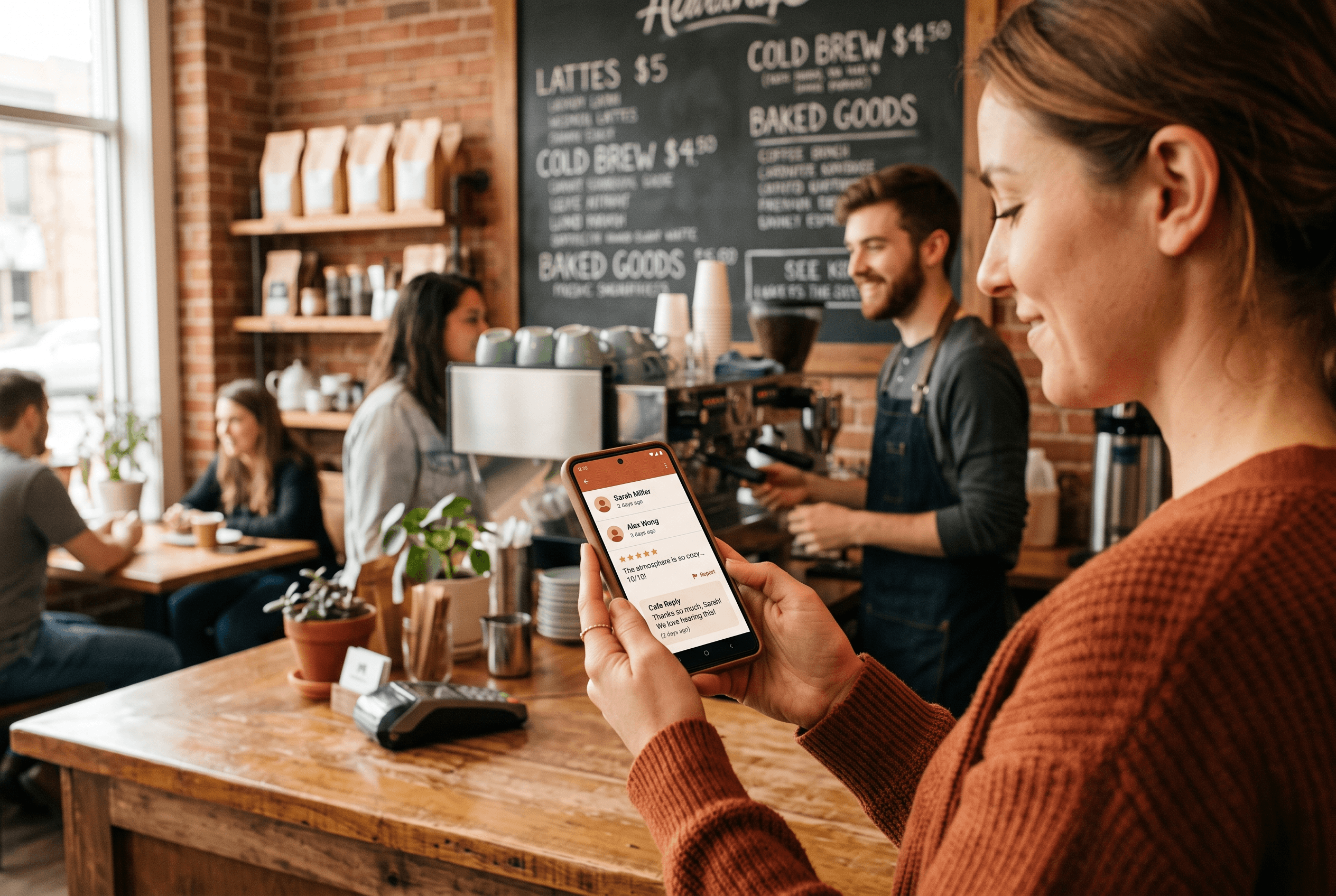A customer at a coffee shop counter holding a phone showing a review thread with a report option in warm-accented interface