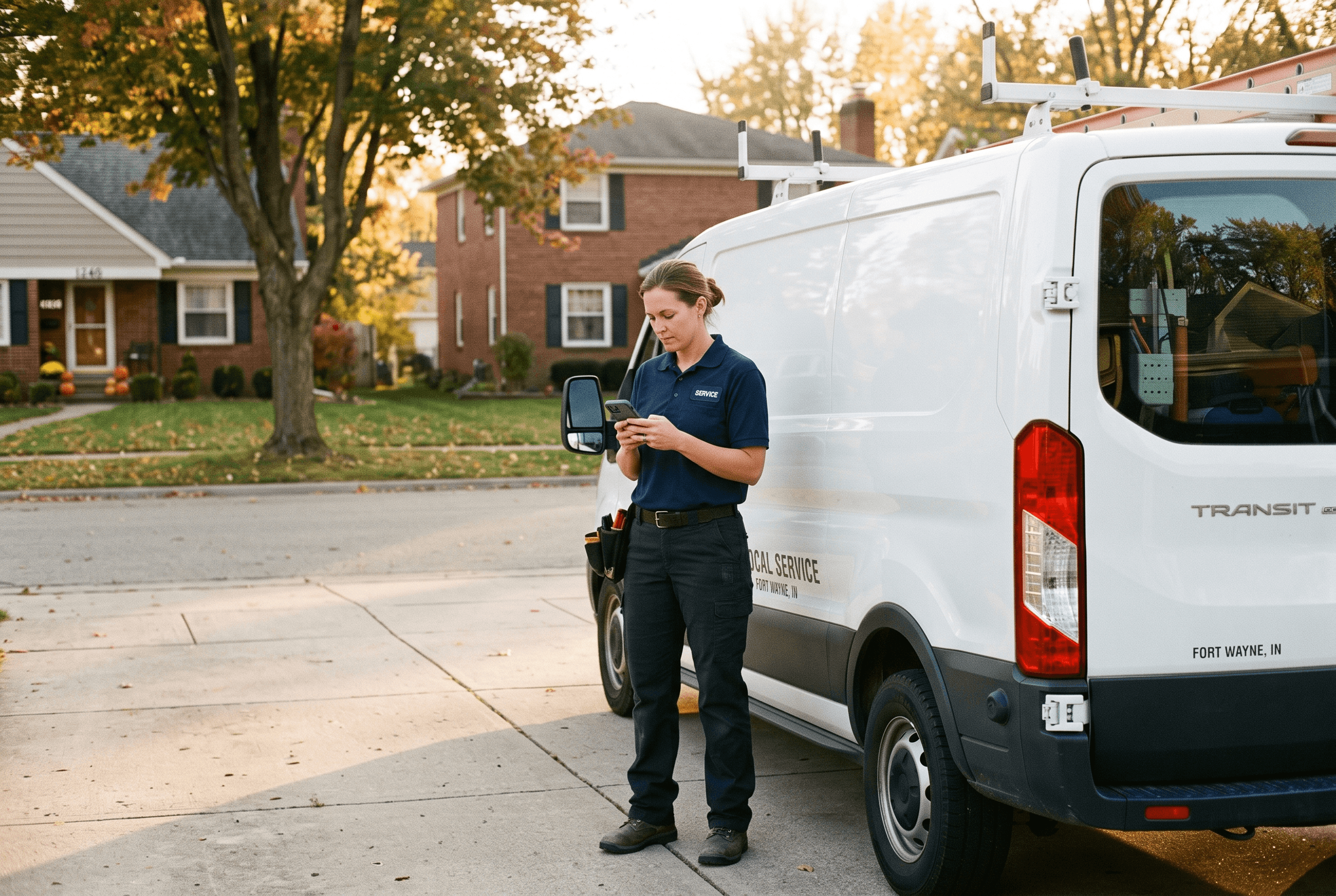 A Fort Wayne HVAC technician taking a moment by a service van to reply to a customer review on a phone in warm daylight