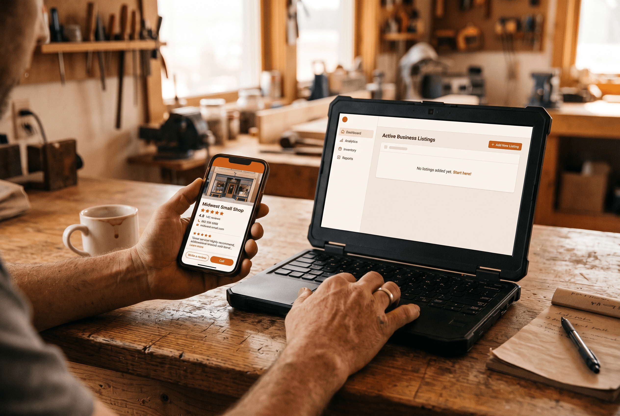 Hands comparing a Google Business Profile dashboard on a laptop with the public star rating on a phone to spot a review display bug