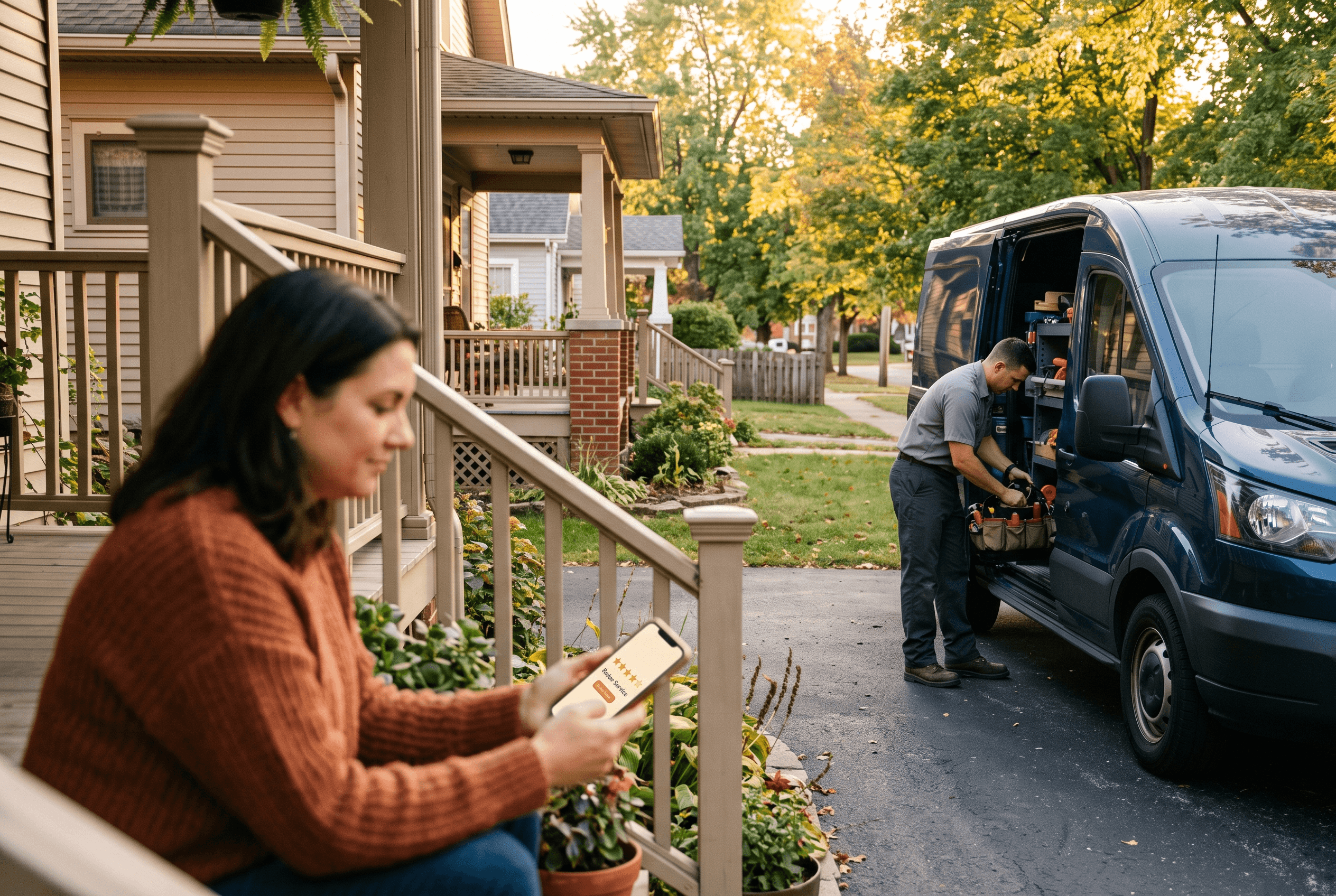 Service technician finishing a home visit while a customer leaves a Google review on a phone, the compliant way Fort Wayne businesses earn reviews