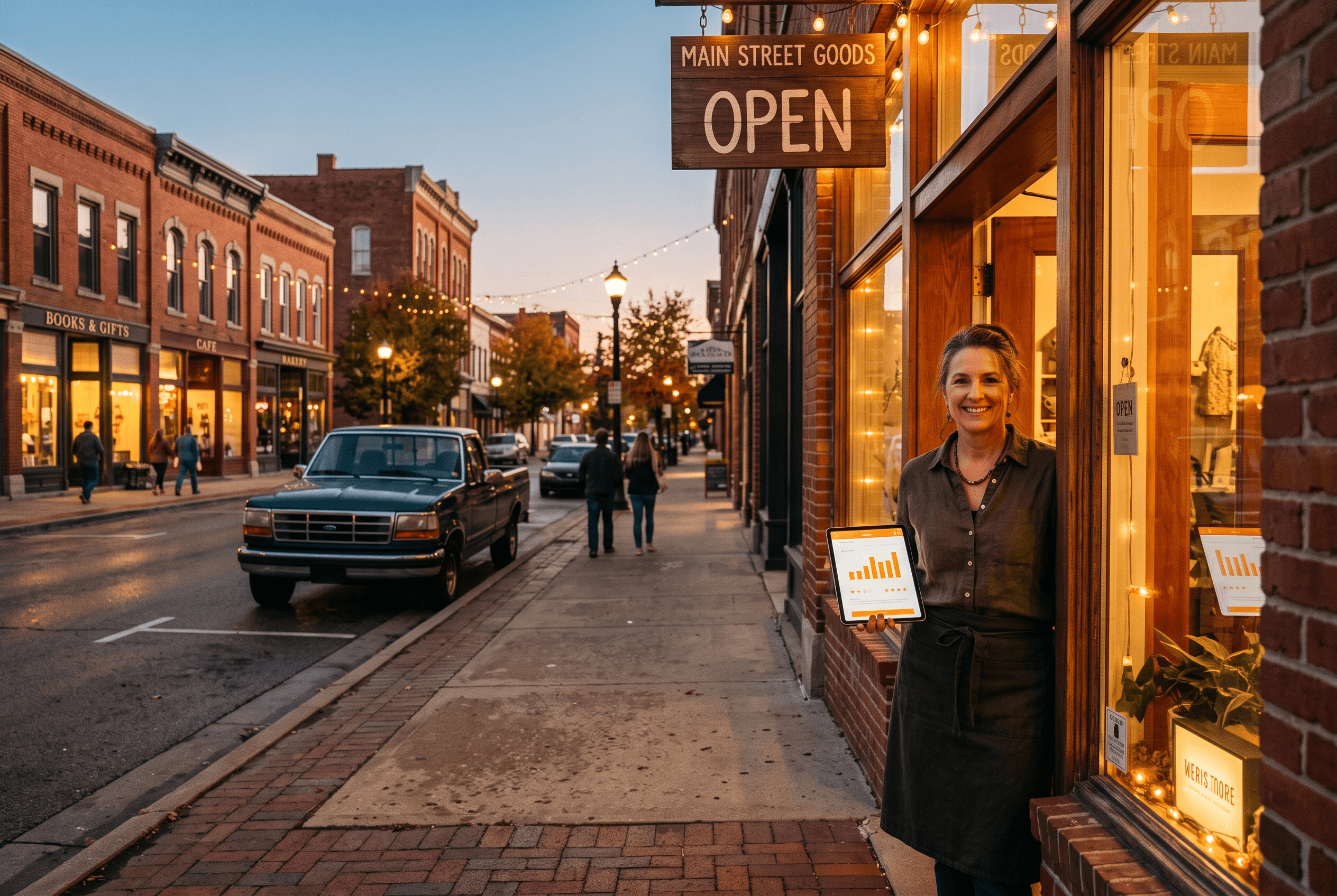Small business owner at a warmly lit Fort Wayne storefront at dusk reviewing star ratings on a tablet, protecting local reputation