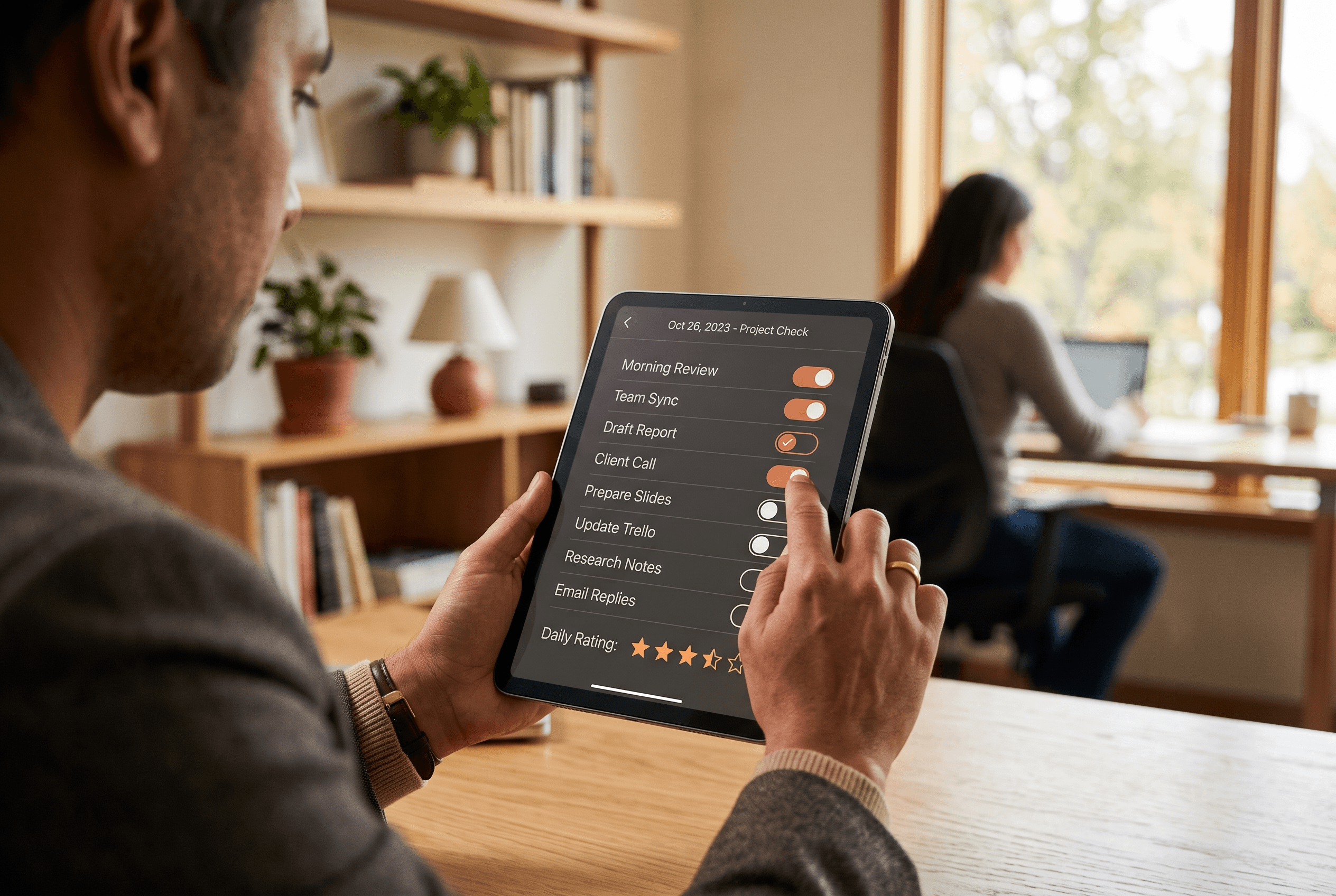 Close-up of hands sorting Google Ads settings on a tablet, choosing which controls to hand to automation and which to keep manual
