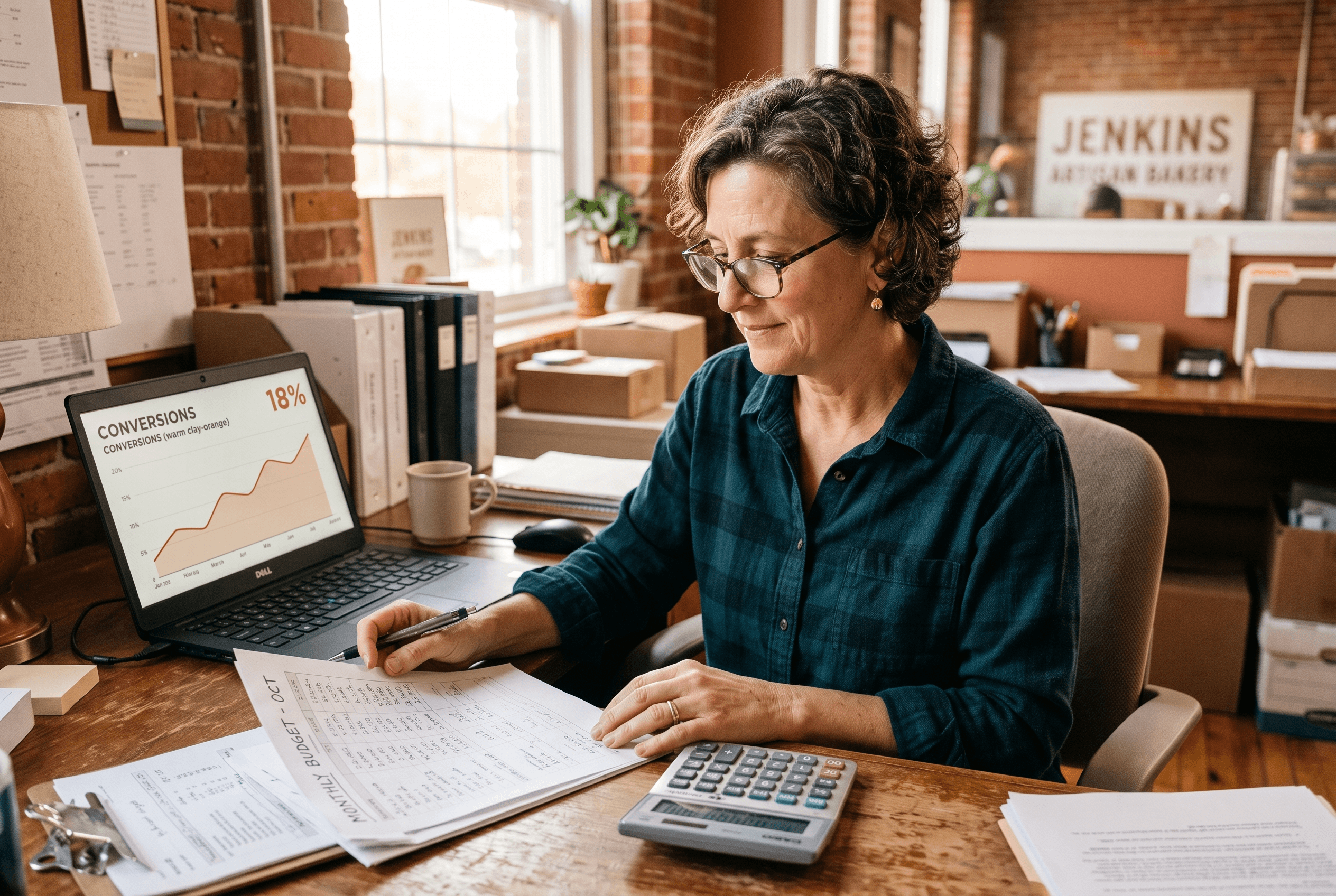 A small-business owner at a desk reviewing a monthly ad budget on paper next to a laptop showing a conversions chart