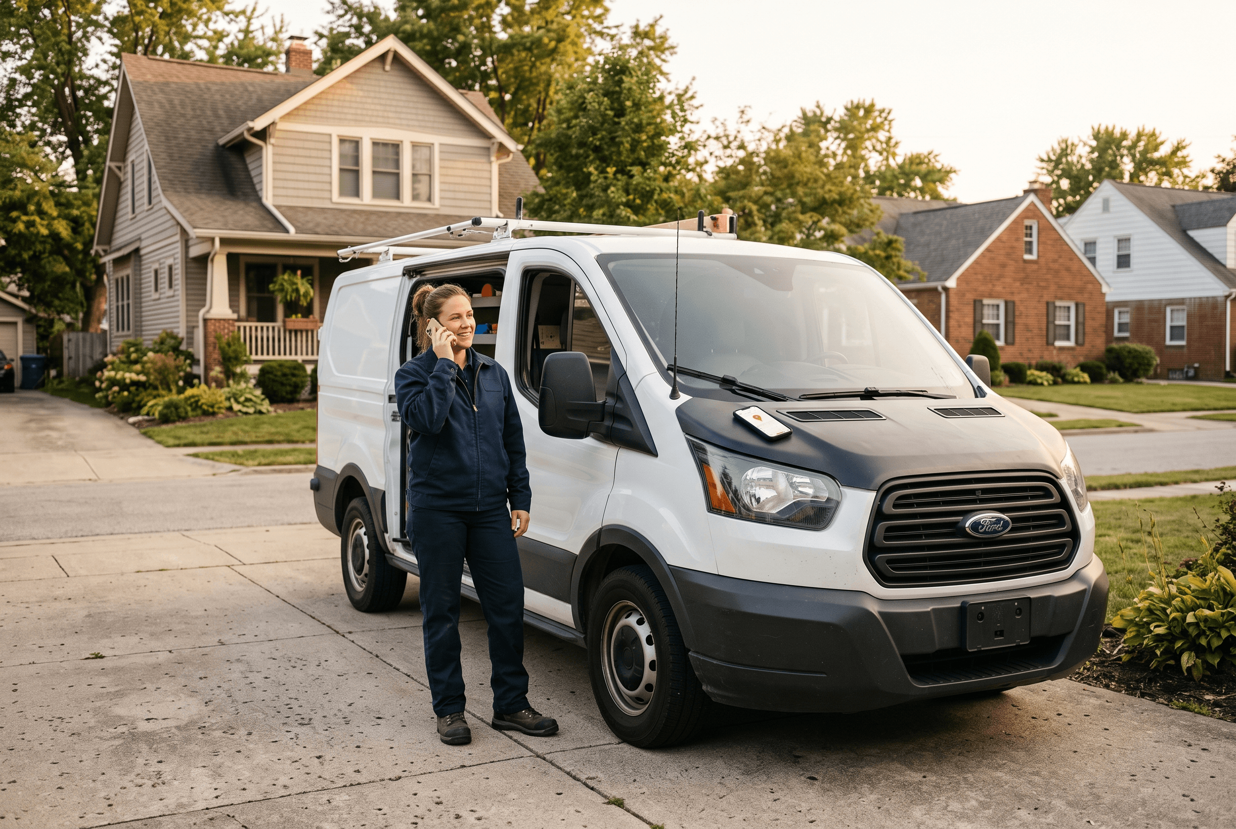A Fort Wayne HVAC technician taking a booking call by a service van while a phone shows a call and a map pin
