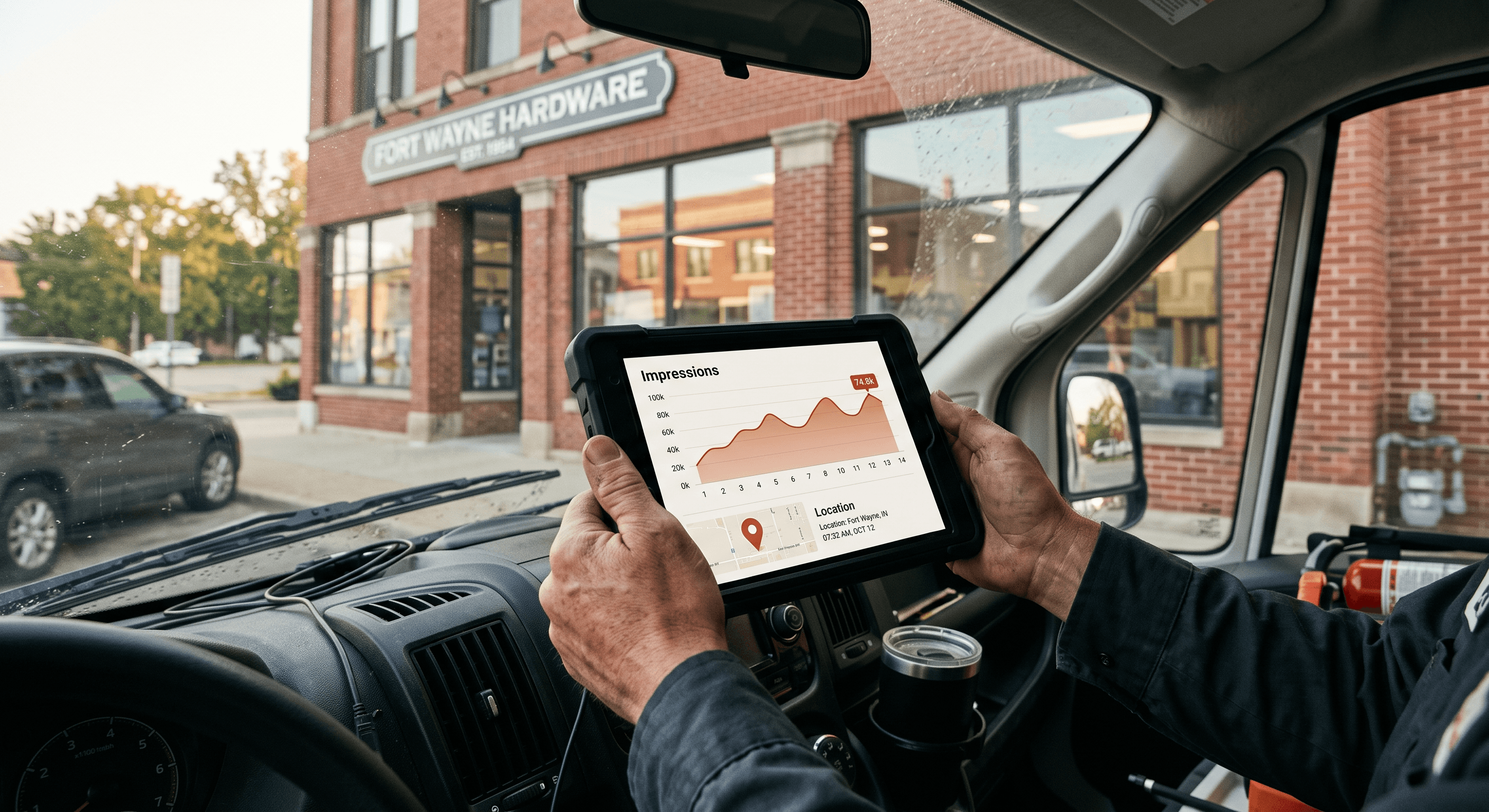 Close-up of a tablet on a service-van dashboard showing a Search Console impressions chart with warm-toned bars and a map pin