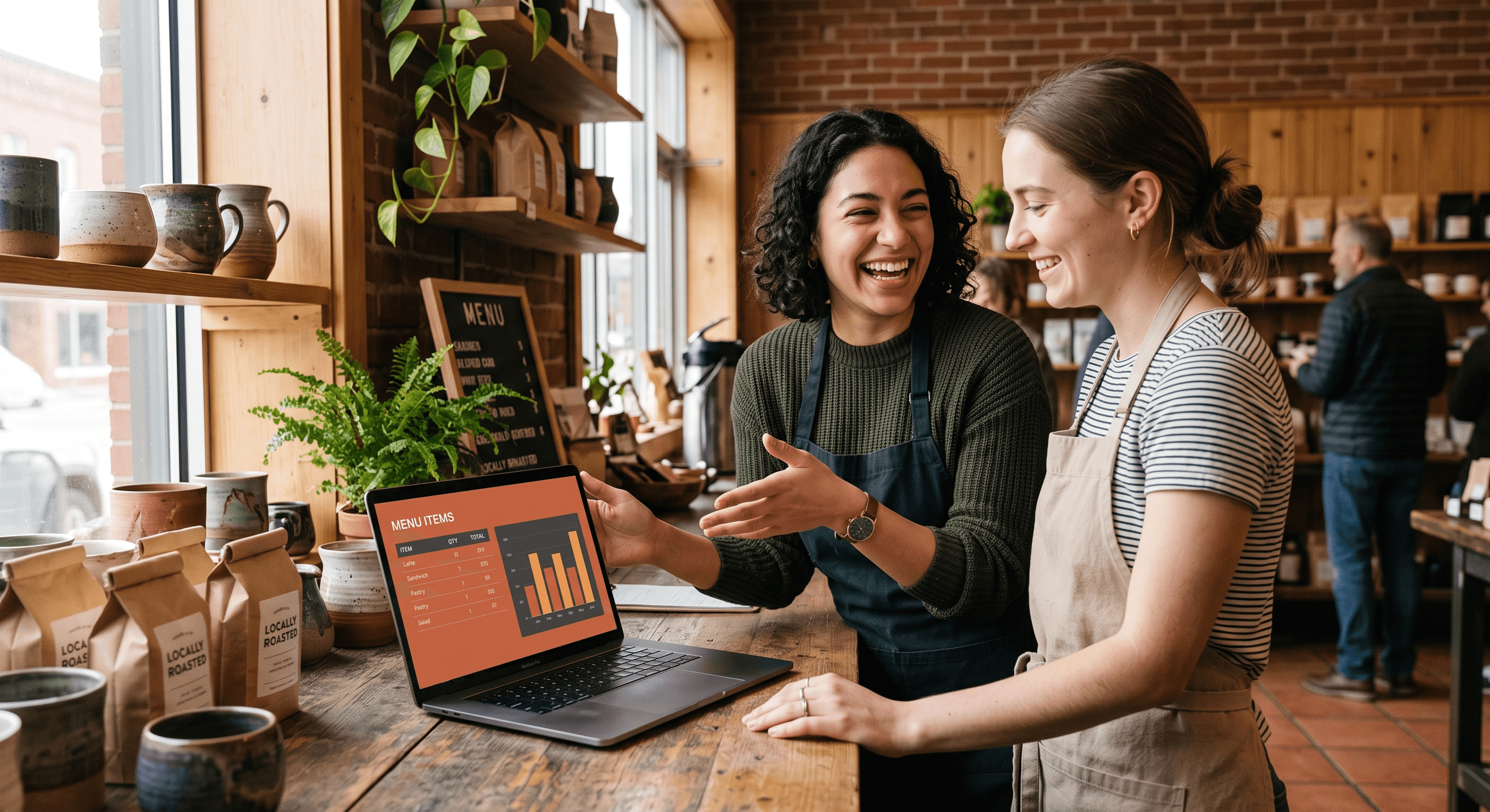 Two coworkers at a restaurant counter comparing an impressions dashboard on a laptop, weighing what the AI report shows and hides