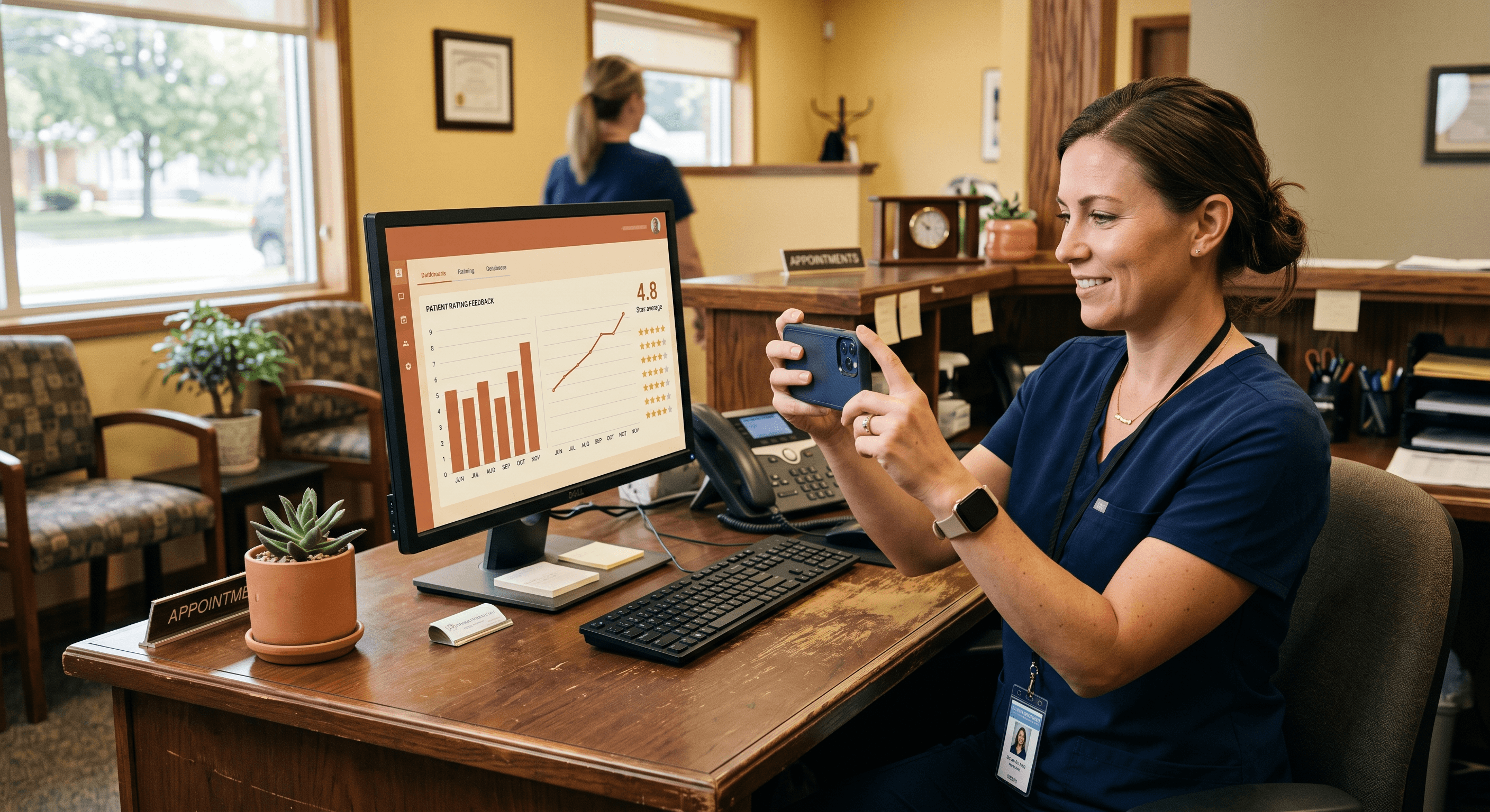 Front-desk staff at a dental office taking a screenshot of a baseline analytics report on a monitor to record starting numbers